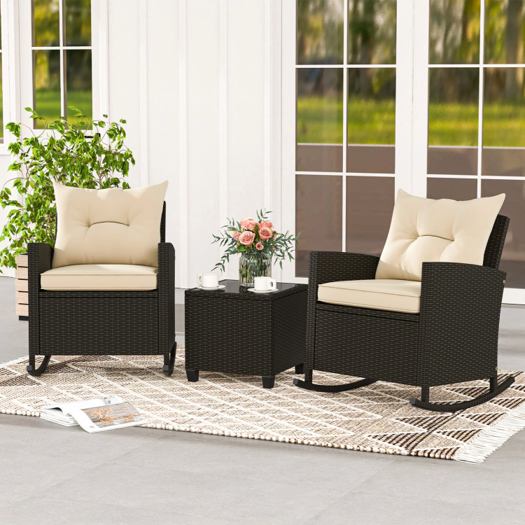 Hivvago 3-Piece Patio Rattan Roker Chairs With Tempered Glass Table And Soft Cushions