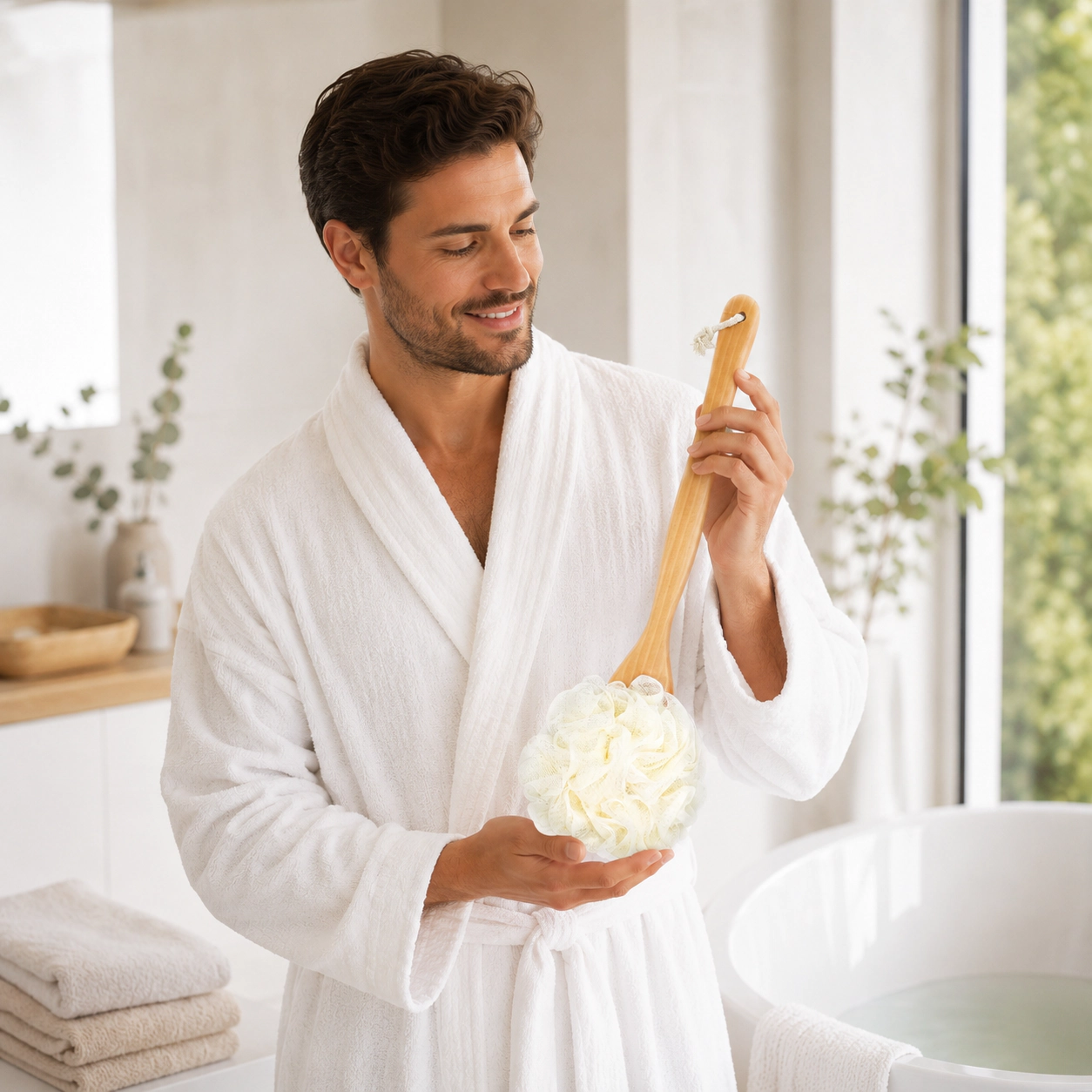 Pursonic Unisex Eco-Friendly Dual Action Exfoliating Body Brush & Mesh Sponge with Lotus Wooden Handle