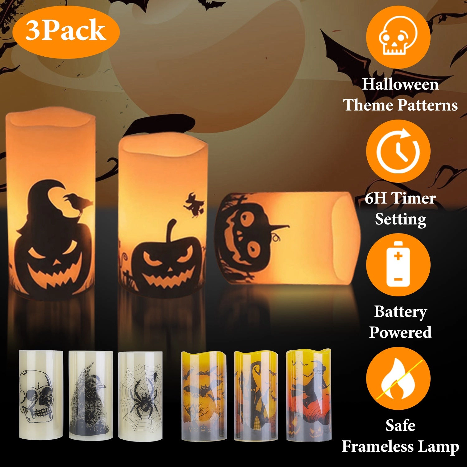 GBruno 3-Pack Timer Halloween Flameless Candle Lamps