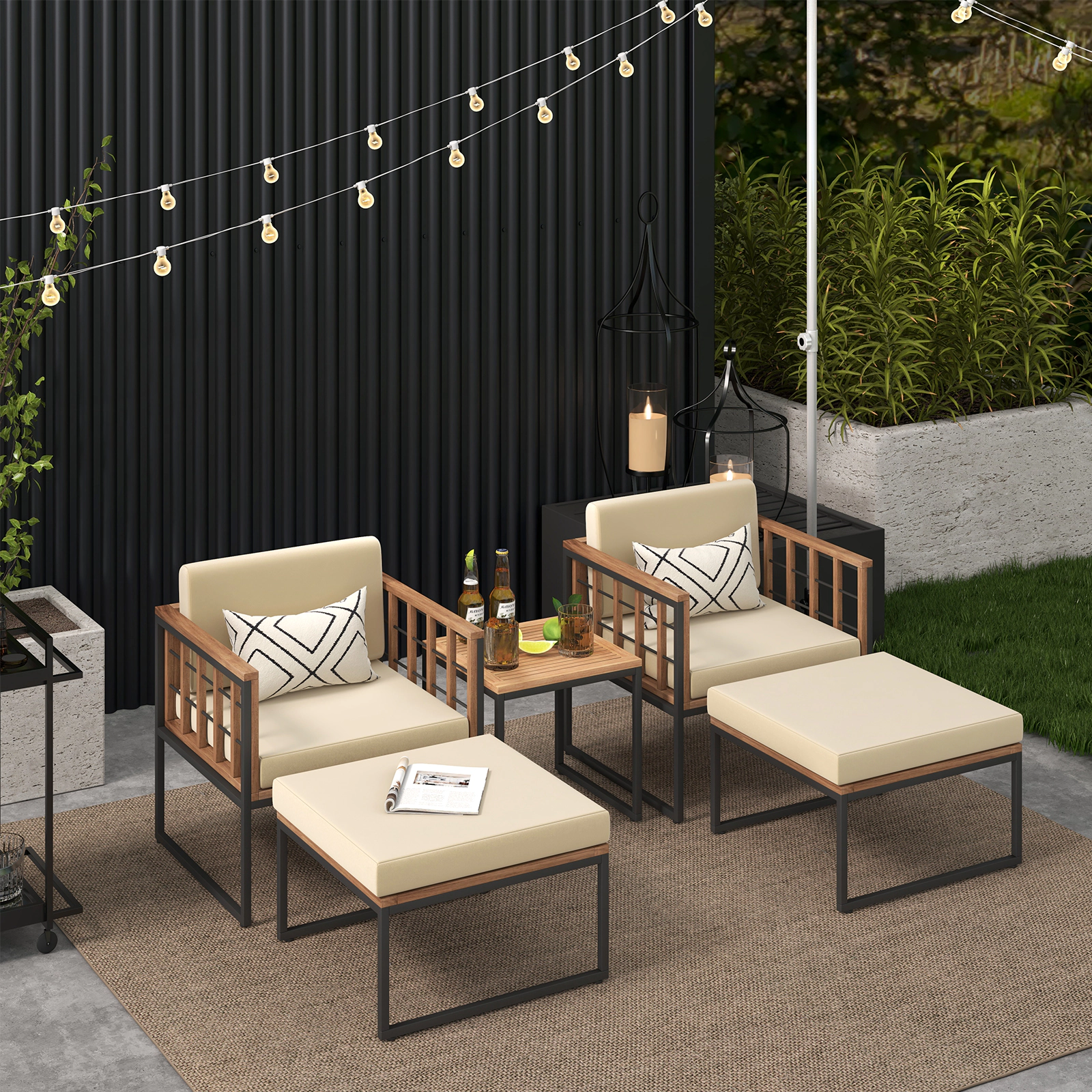 LJG 5 Piece Outdoor Furniture Set Acacia Wood Chair Set with Ottomans and Coffee Table