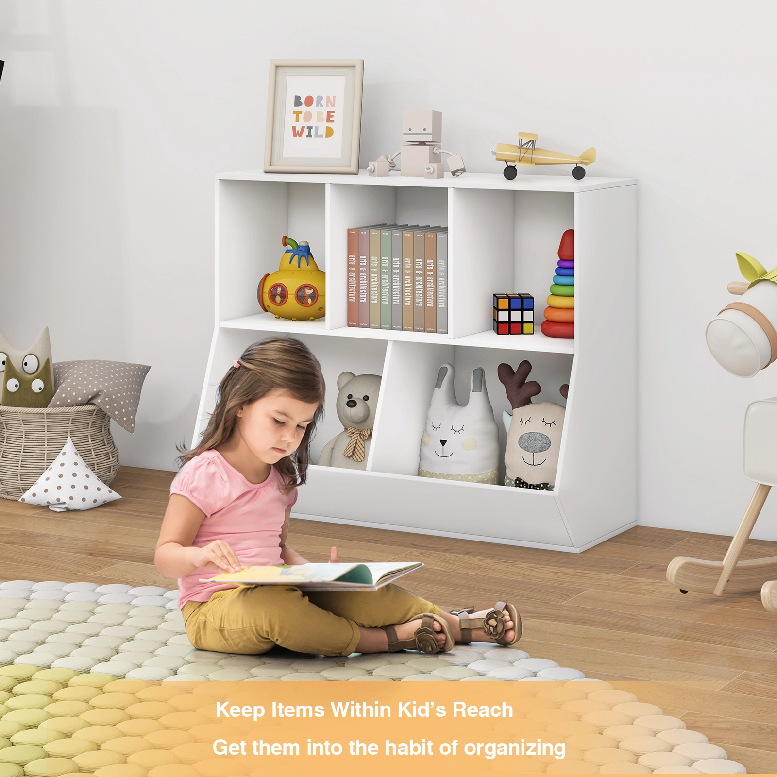 SUGIFT White 5-Cube 110-lb Top Wooden Kids Toy Storage Organizer with Anti-Tipping Kits and 6-in Barriers
