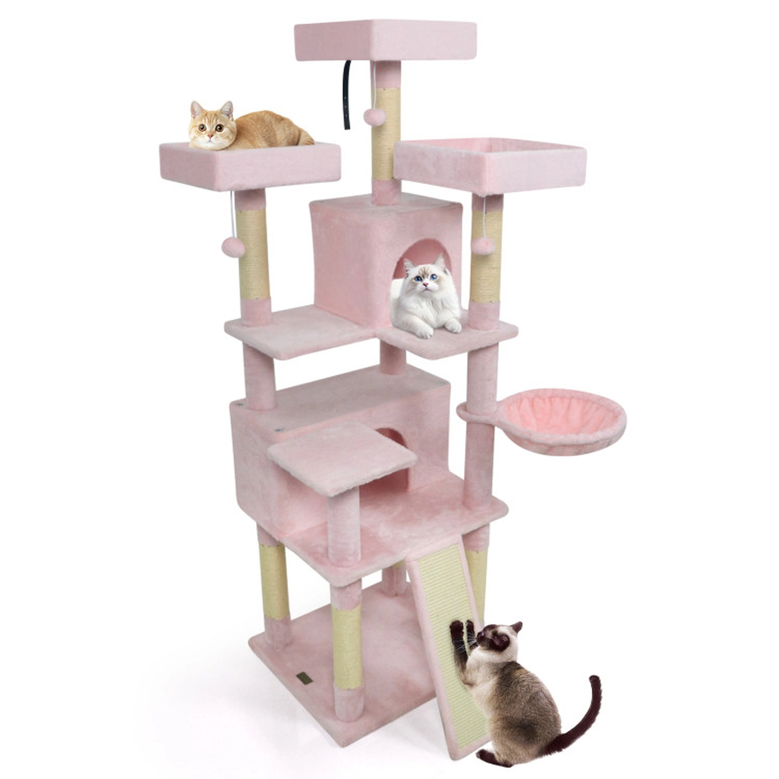 SUGIFT 65-in Tall Multi-level Cat Tree with 3 Upholstered Perches and 2 Cat Condos Pink