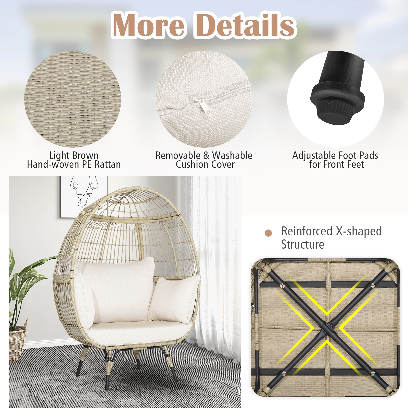 SUGIFT Oversized Outdoor Egg Lounge Chair, Light Brown PE Wicker, 4 Cushions