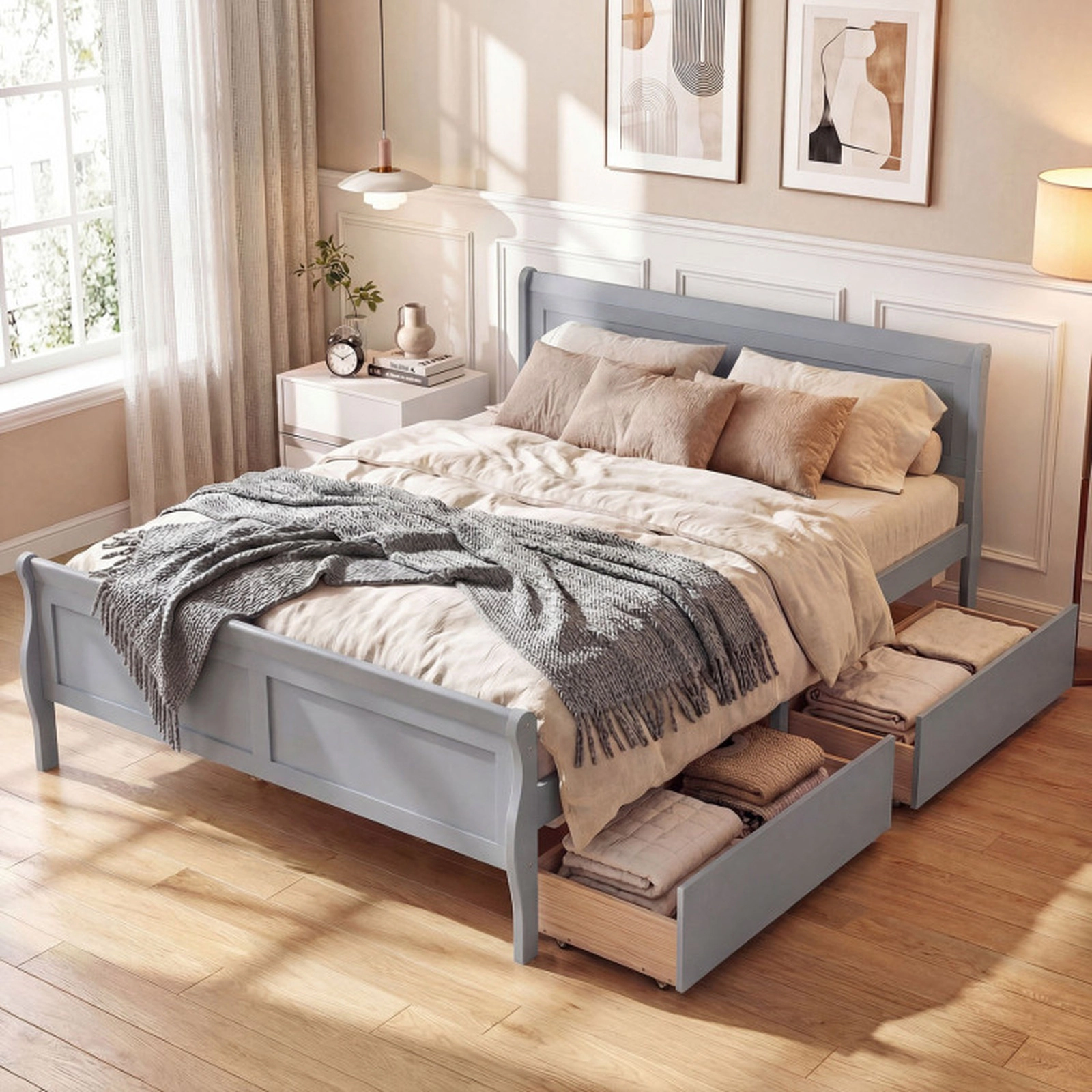 SUGIFT Gray 2 Storage Drawers and Curved Footboard Full Size Wooden Bed Frame