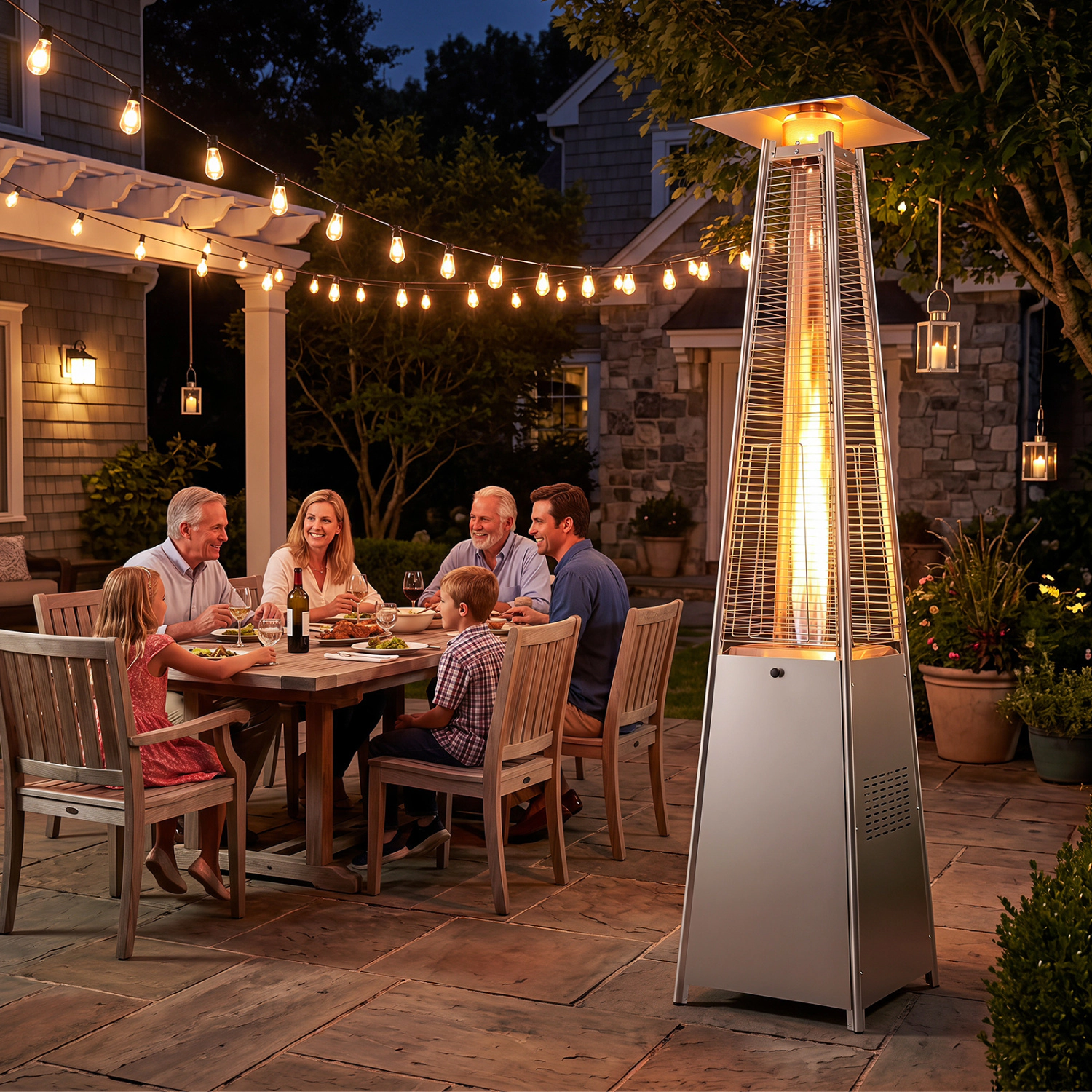 LJG 45000 BTU Pyramid Patio Heater with Zippered Cover Triple Safety Protection and Wheels