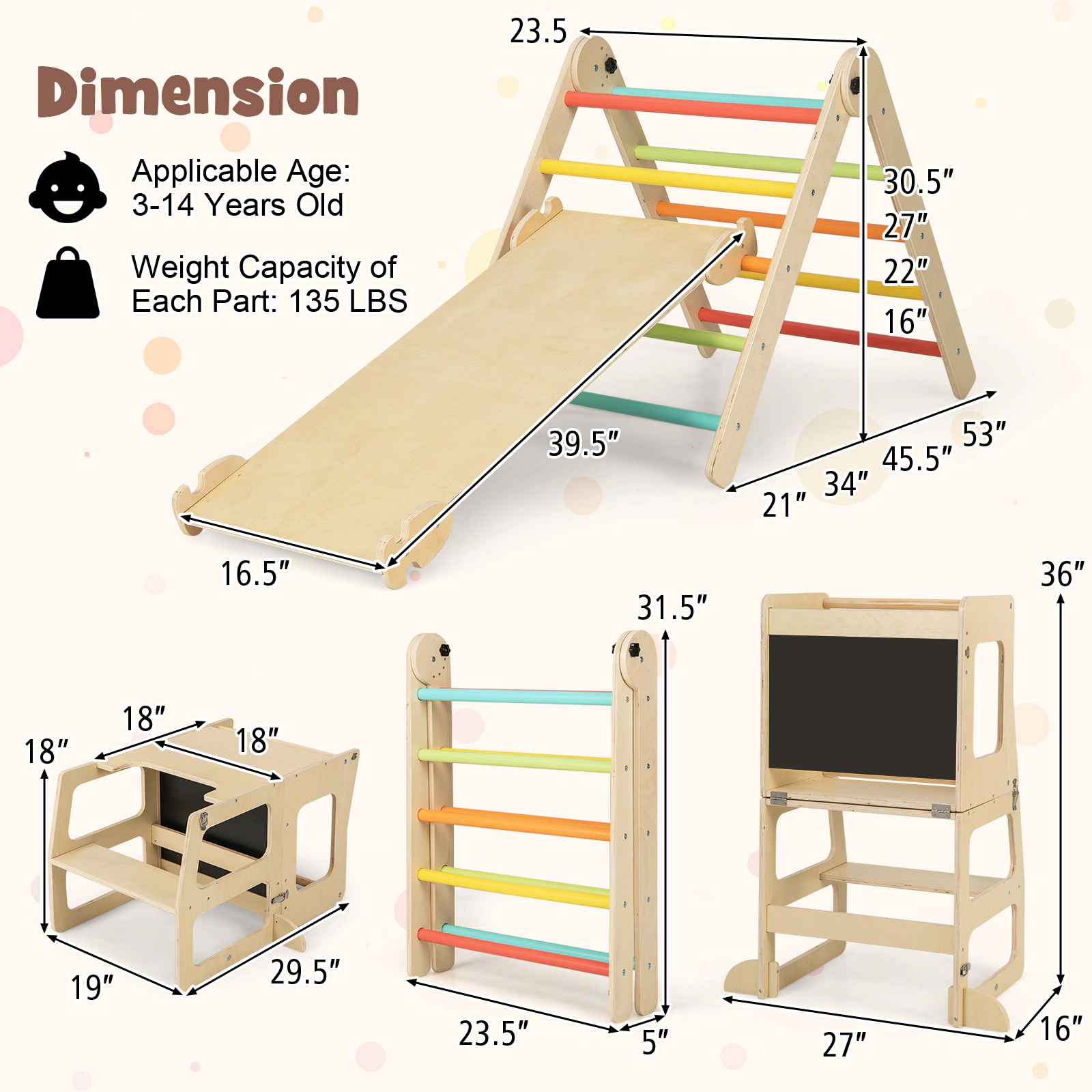 SUGIFT Multicolor 7-in-1 Toddler Kids Climber with Table and Chair Set 21-in to 53-in Ladder 135-lb Per Part