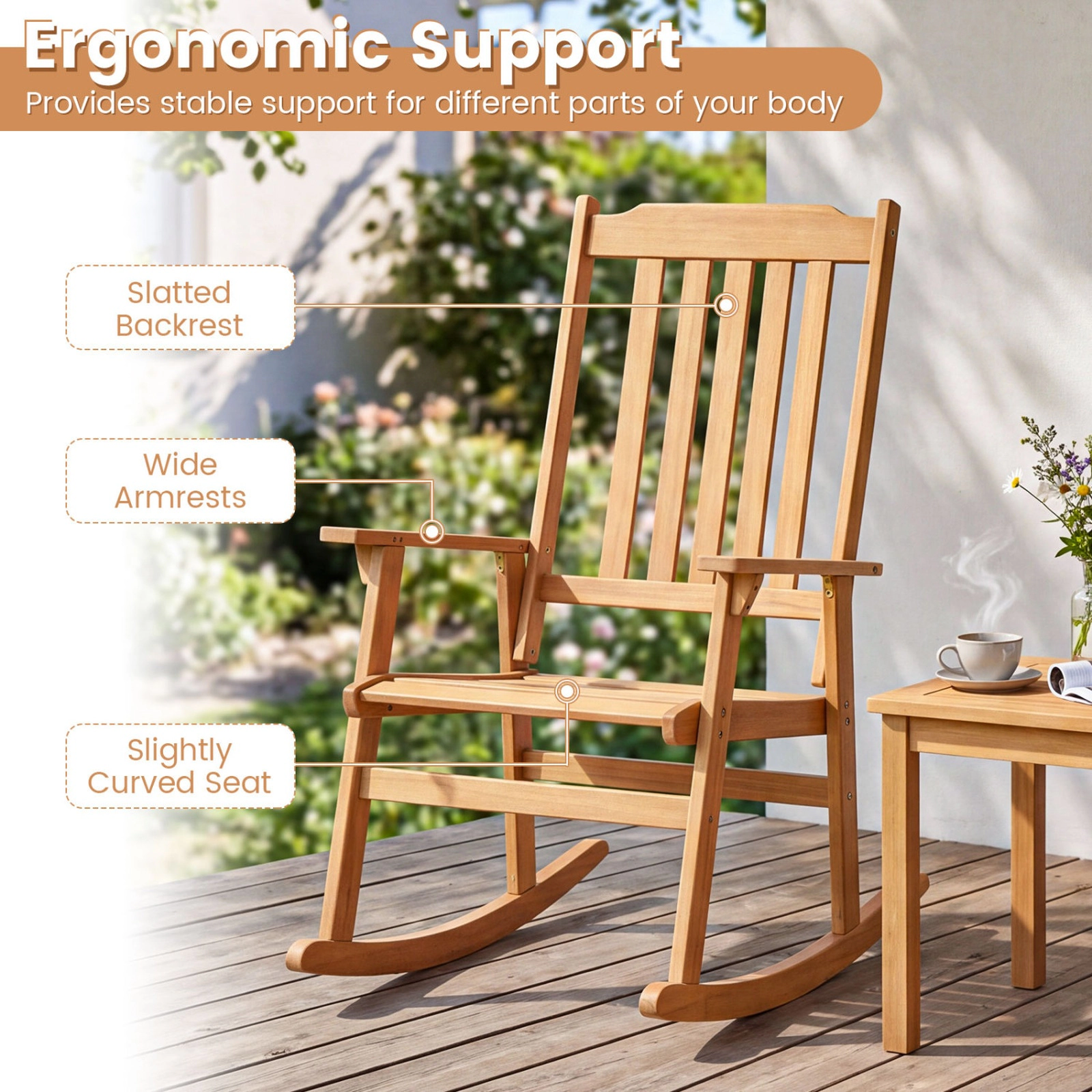 SUGIFT Acacia Wood Oversized Rocking Chair with High Back and Armrests 400-Lb Capacity Natural