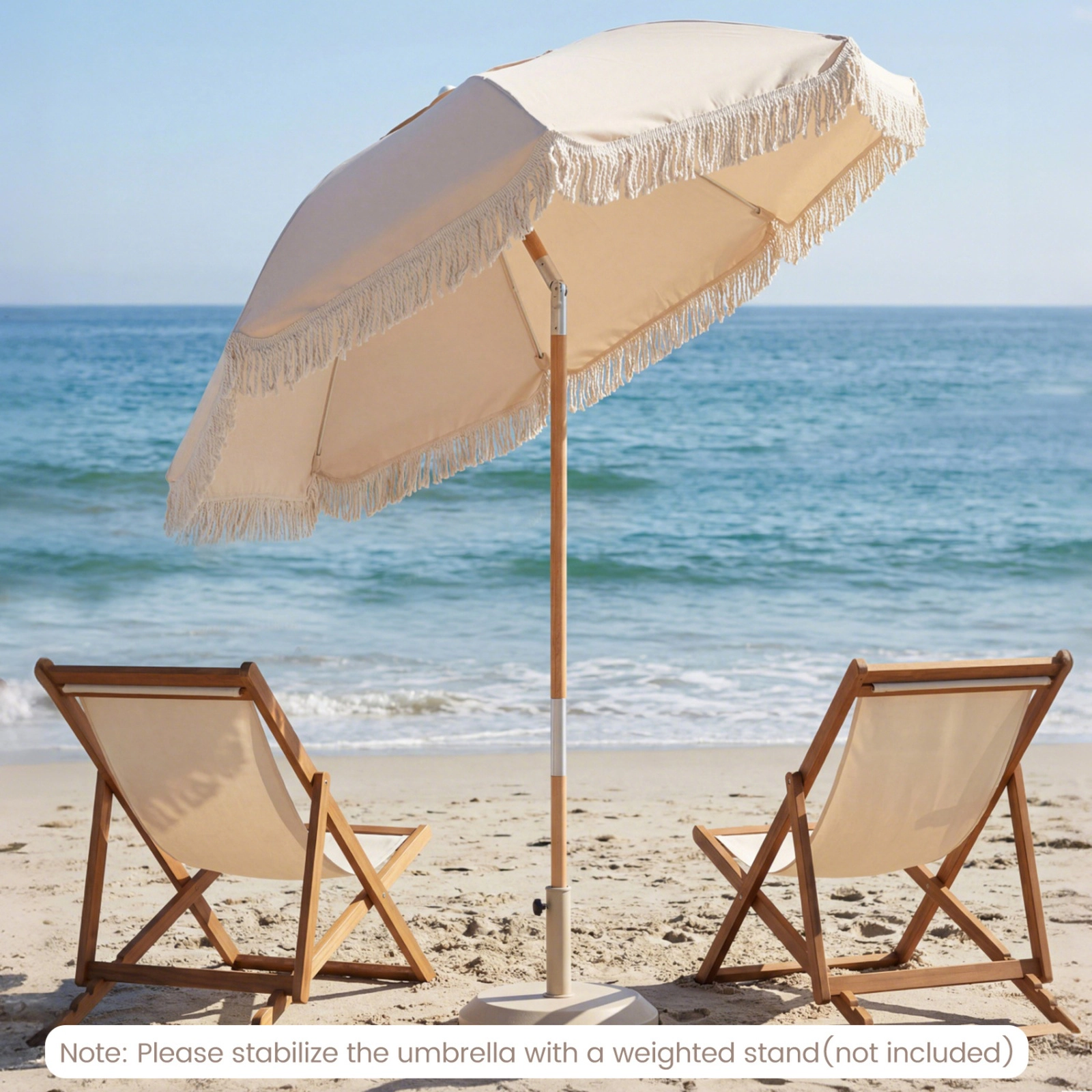 SUGIFT 6-ft Fringe Patio Umbrella with Push Button Tilt, Vented Canopy and Wood Pole 7.4-ft Tall 1.3-in Pole White