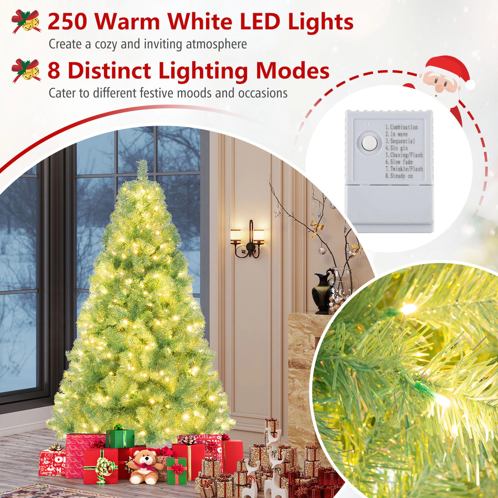 SUGIFT 6 ft Green Pre-Lit Tinsel Christmas Tree with 688 Branch Tips and 250 LED Lights