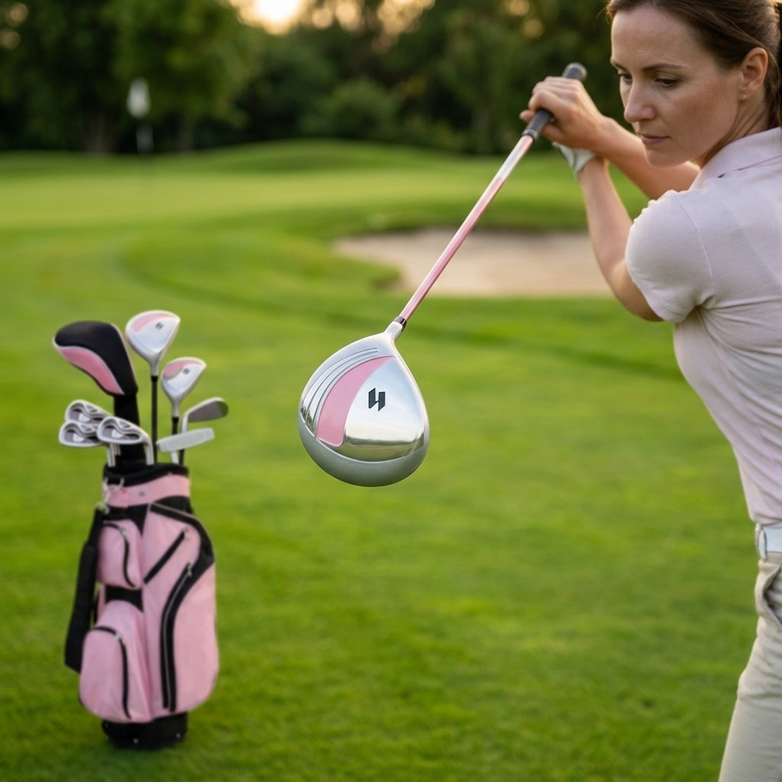 10-pc Womens Golf Club Set 460cc Alloy Driver Fairway Wood Hybrid 4 Irons Pitching Wedge Putter Stand Bag Pink