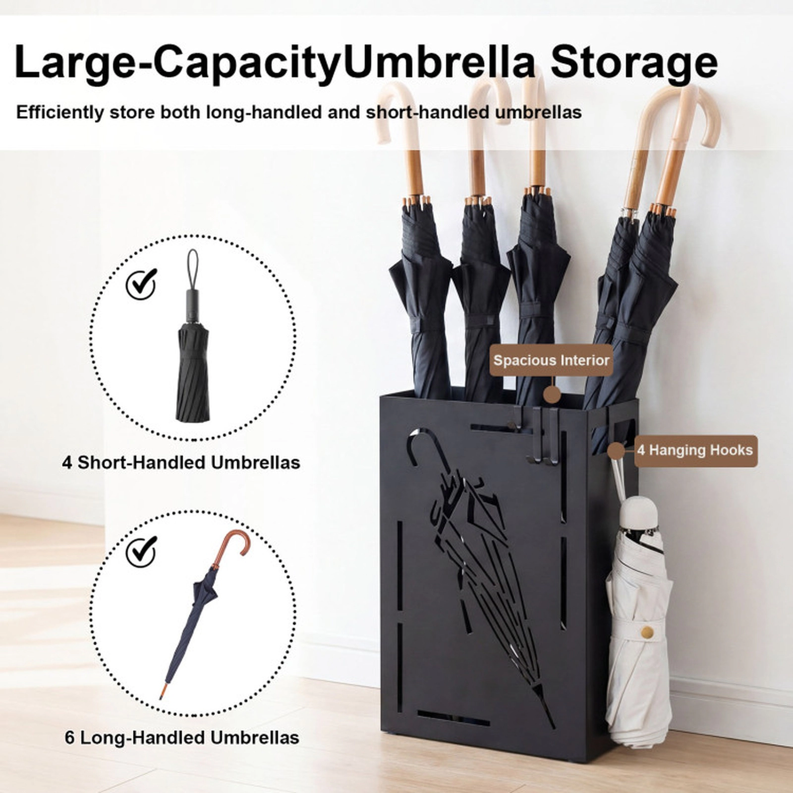 SUGIFT Black Removable Drip Tray and 4 Hooks Rectangular Metal Umbrella Holder Stand