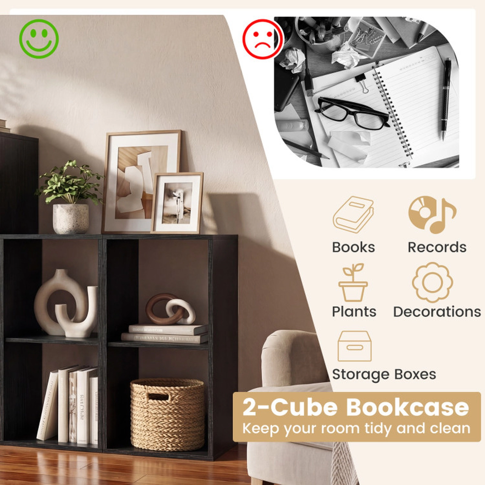 SUGIFT 2-Cube 110-lb Capacity Black 27.5-in Small Bookshelf with Back Guardrail 2 Anti-Tipping Kits