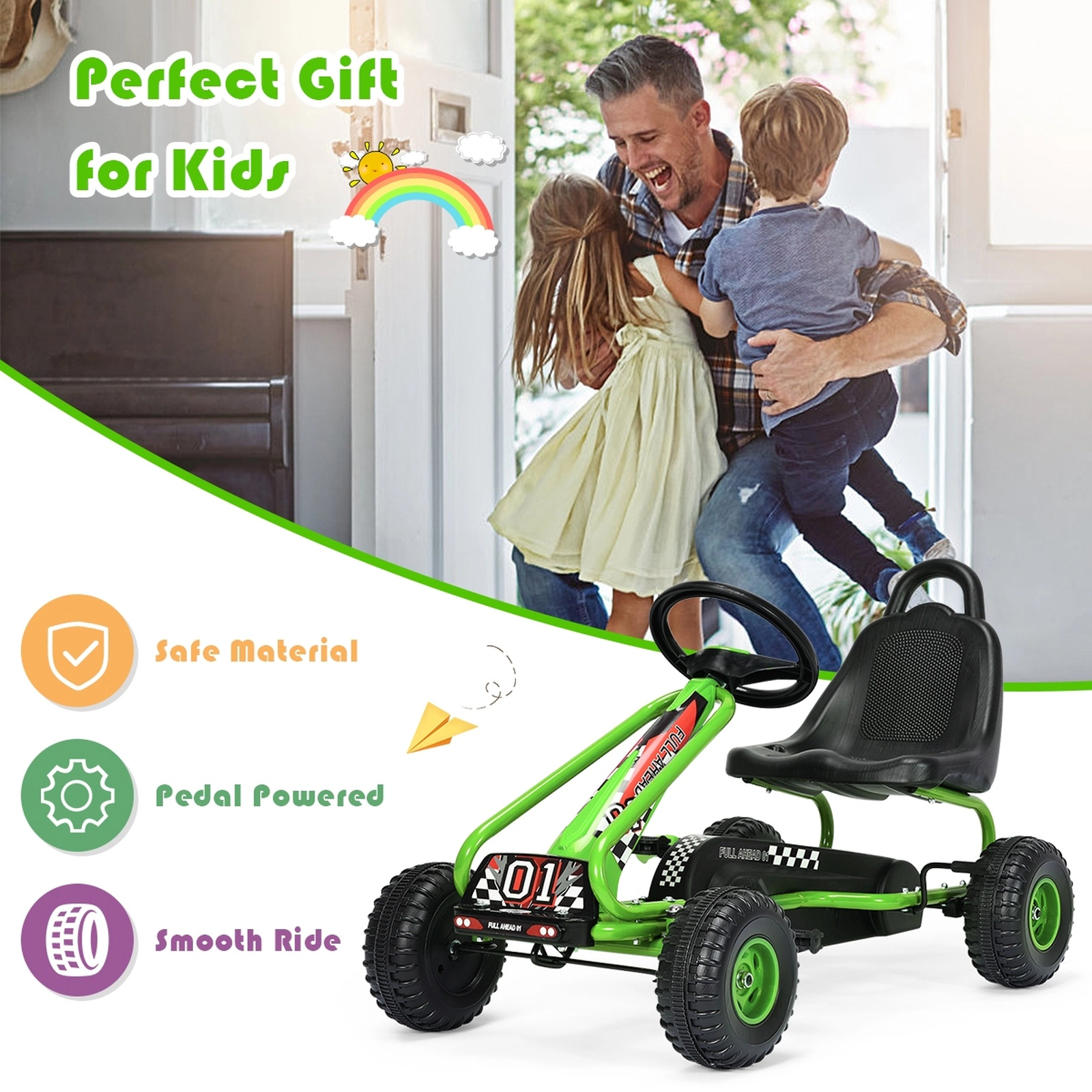 SUGIFT 4-Wheel Pedal Powered Ride-On Go Kart with Adjustable 2-Position Seat 66-lb Capacity Ages 3-6 36-in Frame Green