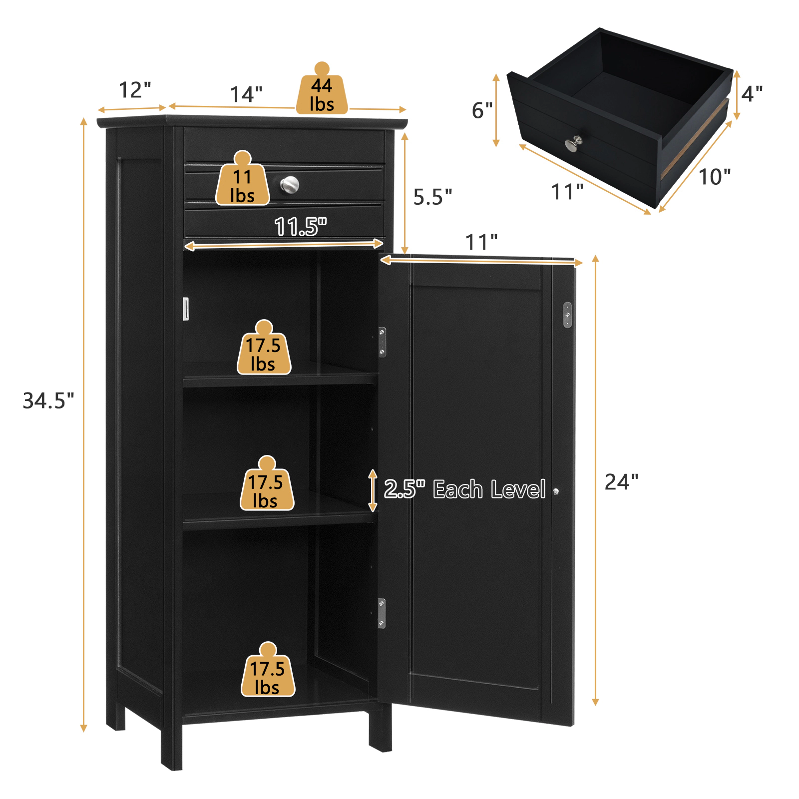 SUGIFT 1 Drawer 1 Door Adjustable Shelves Freestanding Bathroom Cabinet 14-in x 12-in x 34.5-in 132-lb Capacity Black