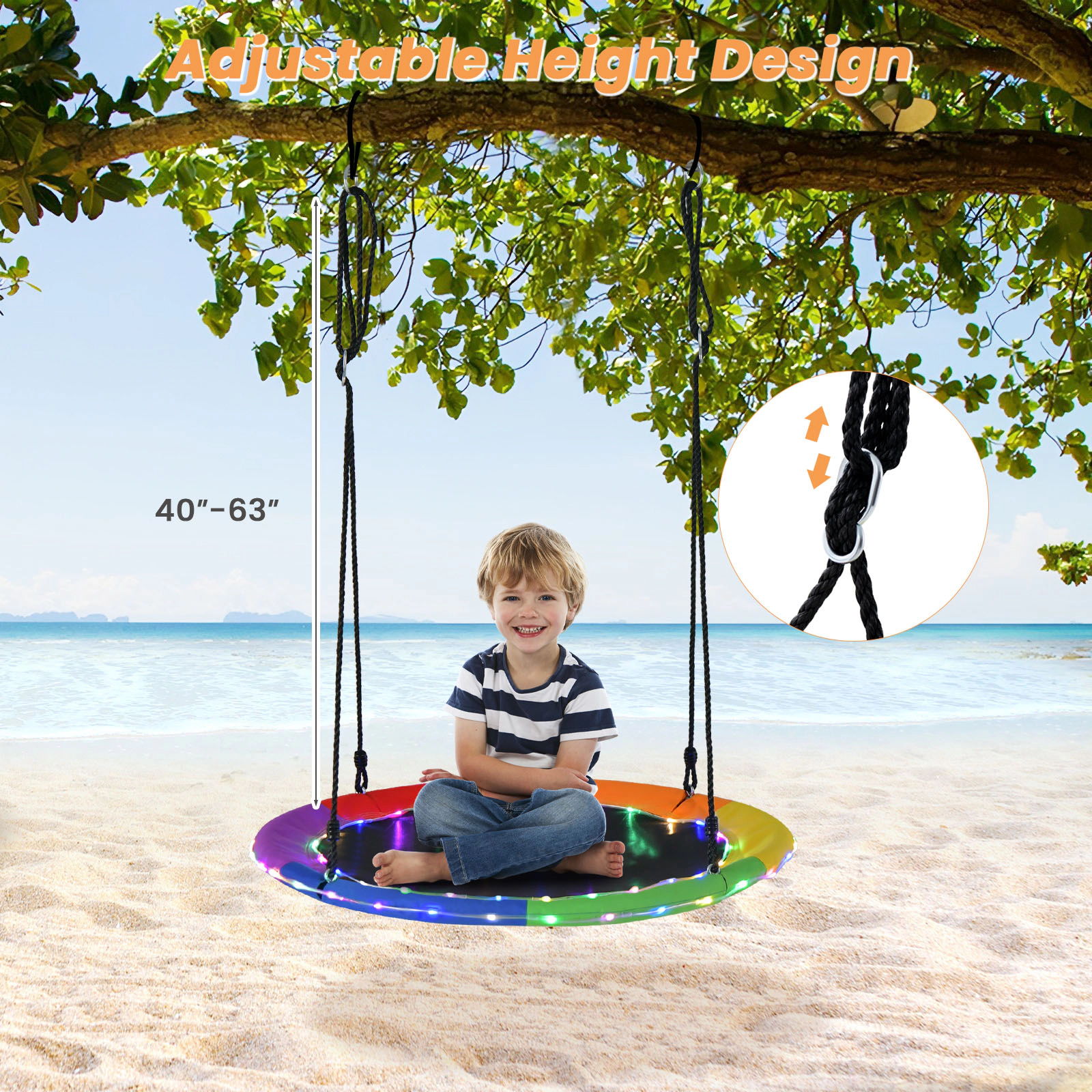 SUGIFT 40-in Round Saucer Tree Swing with LED Lights 660-lb Capacity Ages 3+ Multicolor Blue