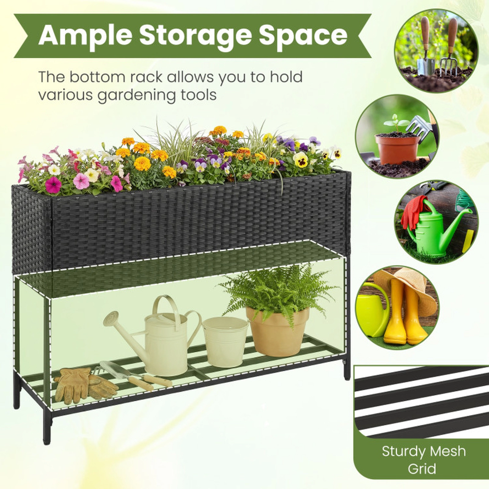 SUGIFT 40-in 132-lb Capacity PE Rattan Raised Garden Bed with Lower Storage Shelf and Removable Liner