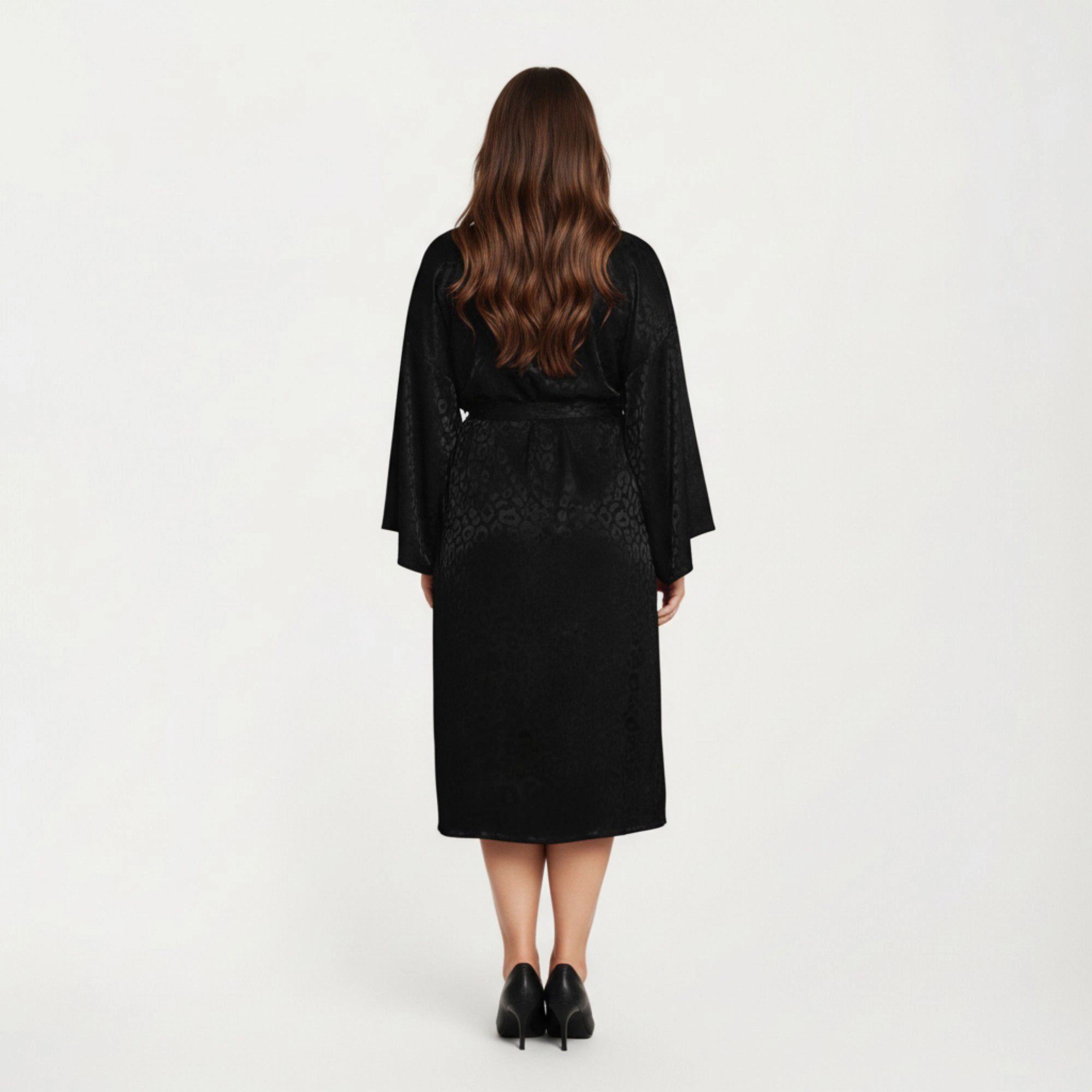 Anna-Kaci Women's Satin Jacquard Leopard Pattern Robe Waist Tie Silky Fabric Wide Sleeves and Longline Silhouette