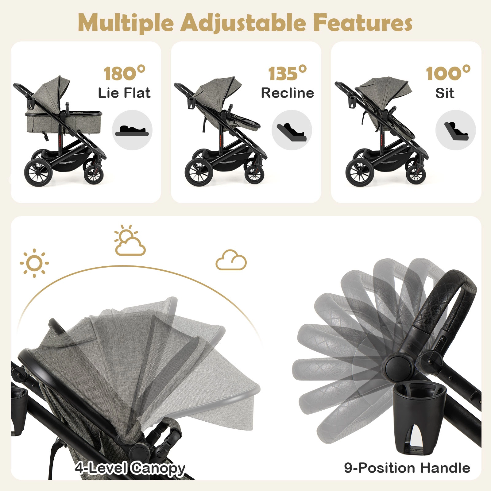 SUGIFT Baby Gray 3-in-1 Folding Stroller with Detachable Bassinet and Diaper Bag 38-in W 48-lb Seat Capacity