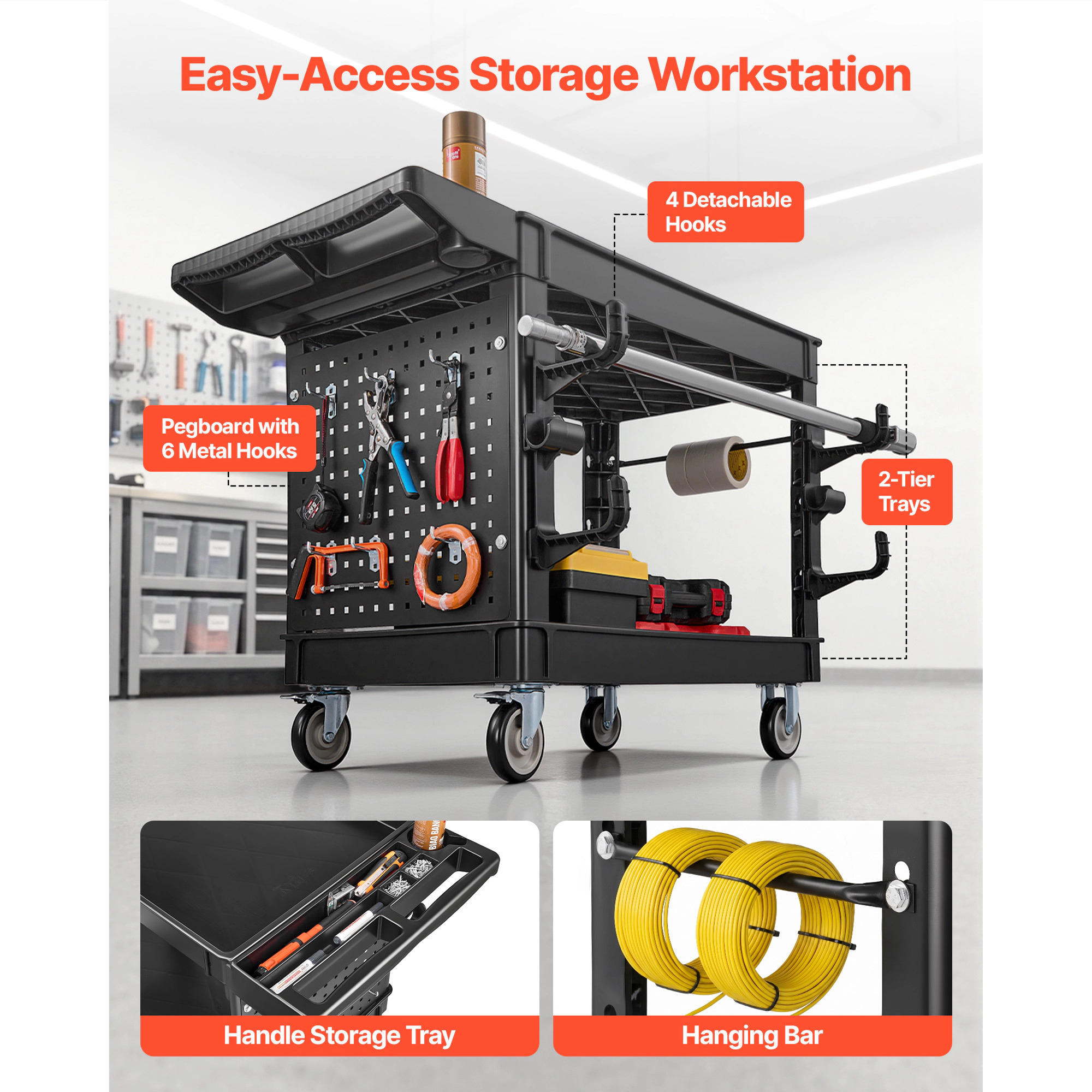 HONGGE Utility Cart 550 lbs Capacity 2 Tier Service Cart with 360° Swivel & Fixed Wheels 2 with Brakes Heavy Duty