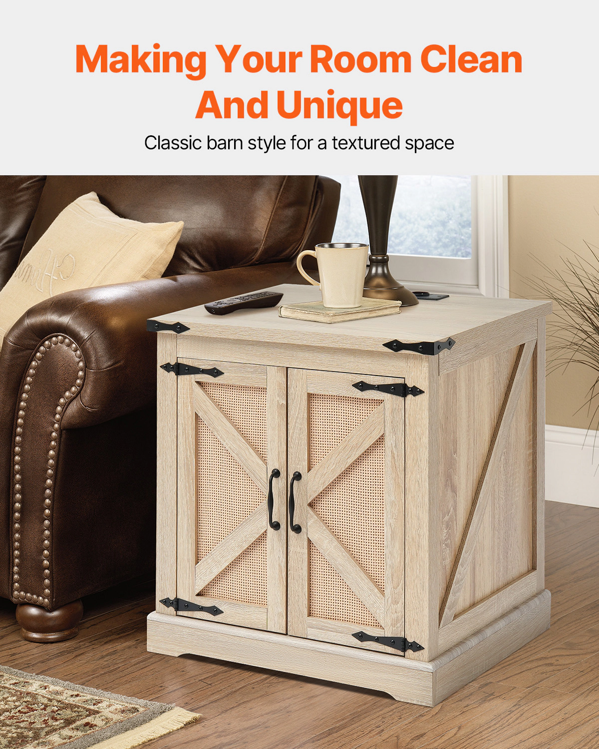 HONGGE Rattan Coffee Table Rectangle PE Rattan Woven Wood Coffee Table with Modern Boho Style Storage Coffee Table with