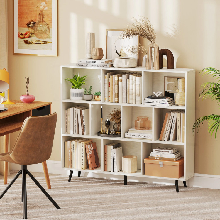 Hivvago Mid-Century Cube Bookcase – Compartments, Off White Storage Shelf with Metal Legs