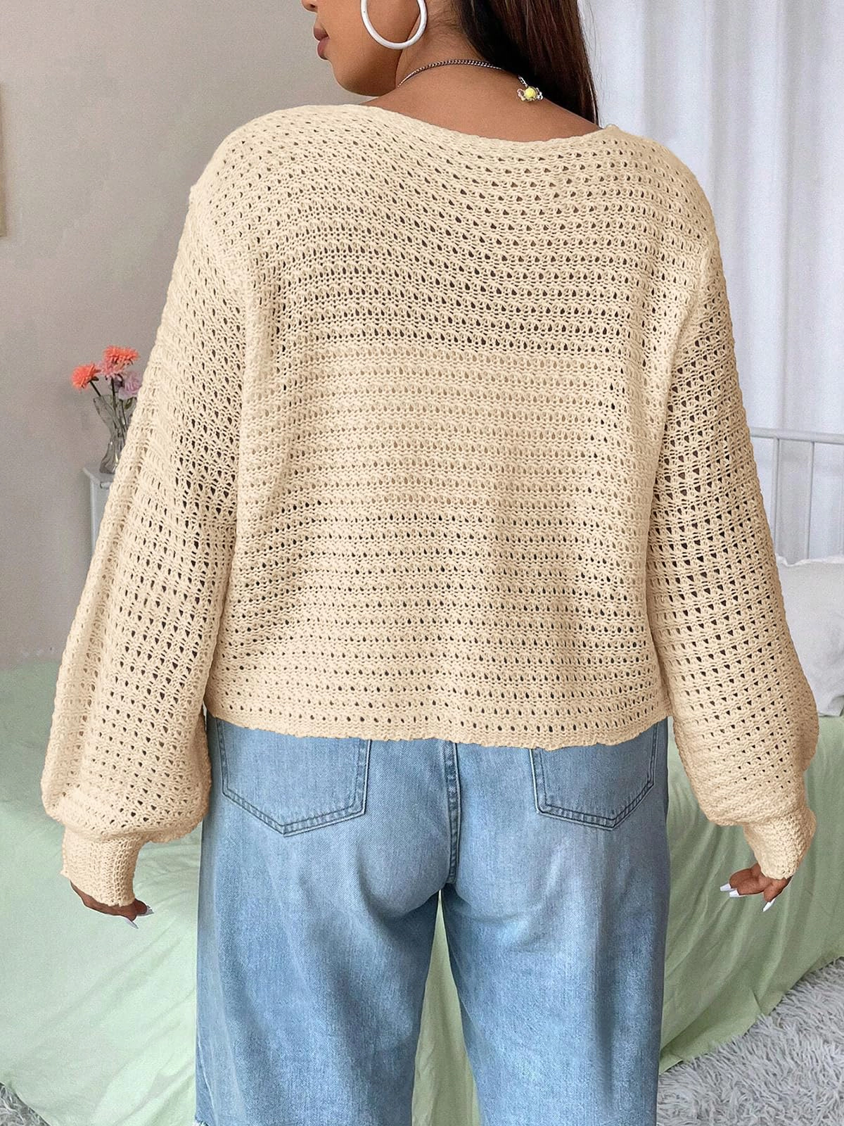 KOJOOIN Women's Lightweight Cardigan Plus Hollow Out Tie Front Knit Shrug Crop Sweater