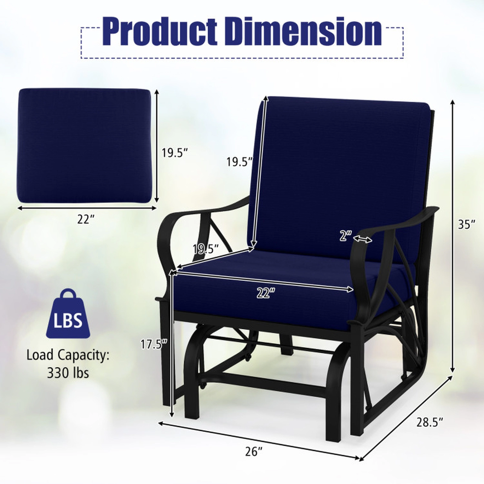 SUGIFT 330-lb Capacity Cushioned Metal Outdoor Patio Glider Rocking Chair with Curved Armrests and Backrest