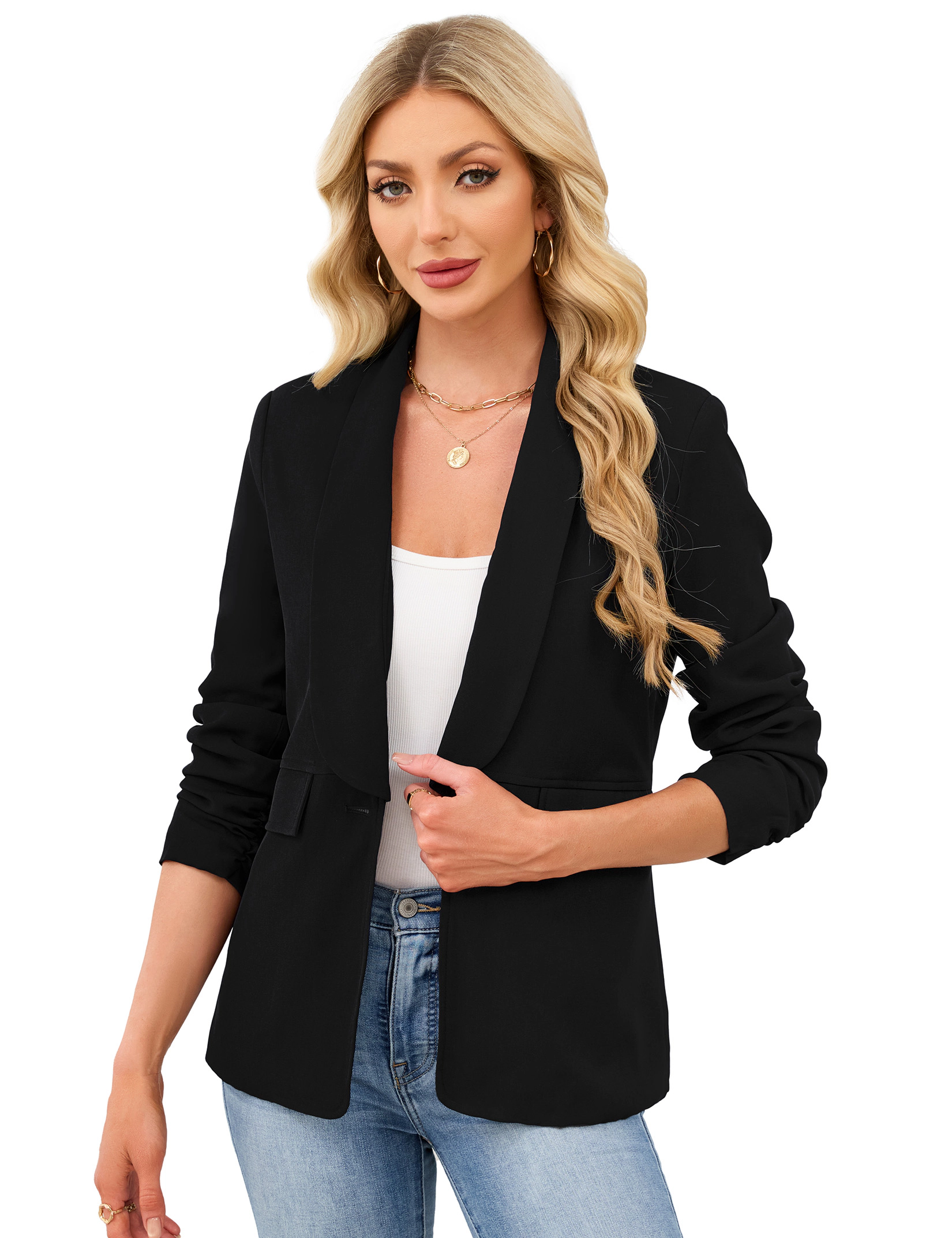 KOJOOIN Womens Casual Blazer Long Sleeve Single Breasted Lapels Office Suit Jacket with Pockets
