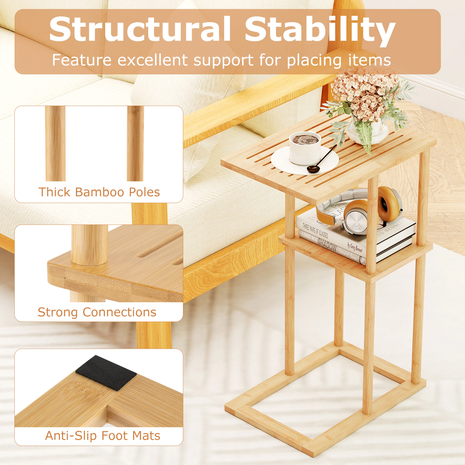 Glintex 2-Piece Bamboo Side Table Set with Slatted Top and Rectangular Base, Natural