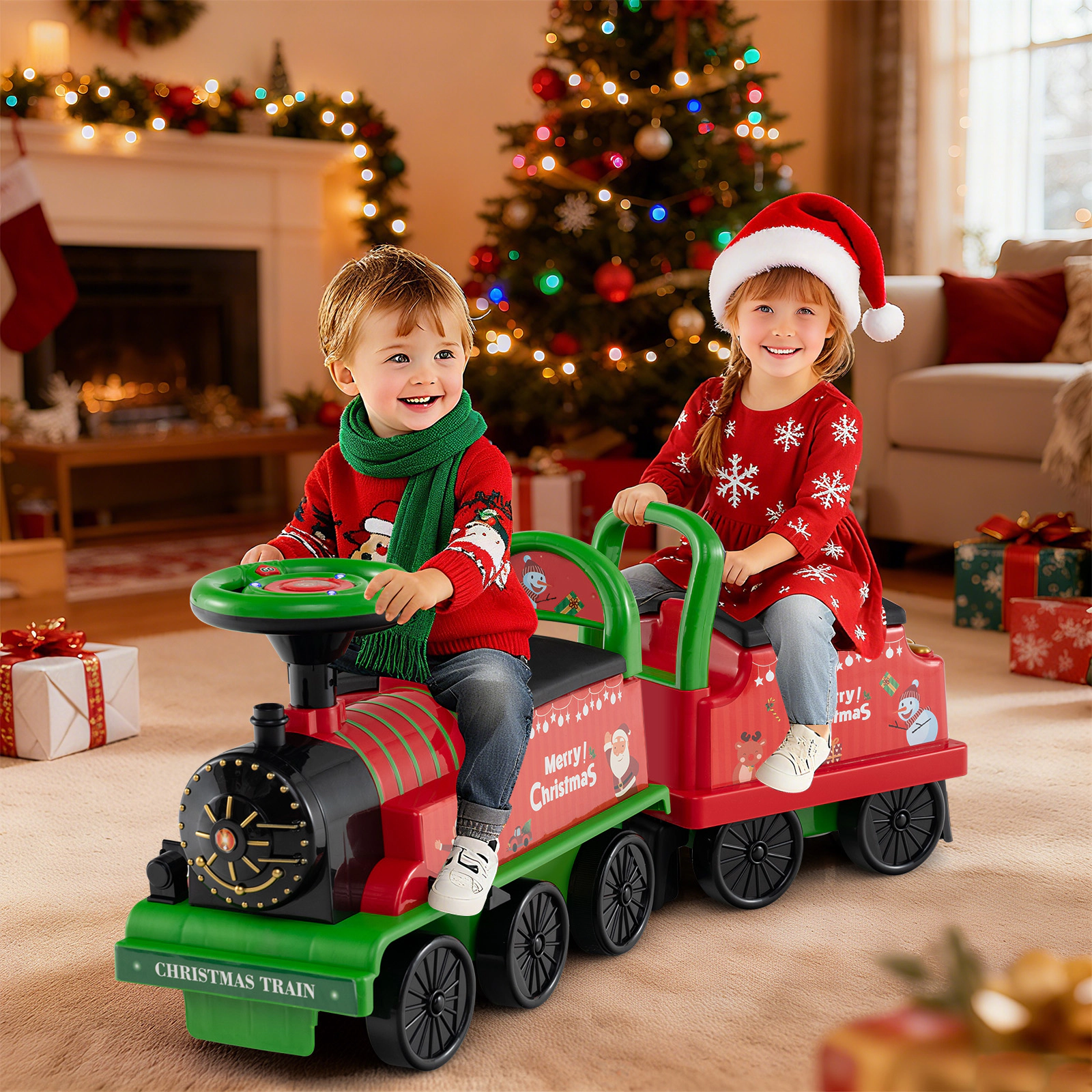 SUGIFT Green Carriage and Flashing LED Lights 6V 2-Seater Toddler Ride On Train
