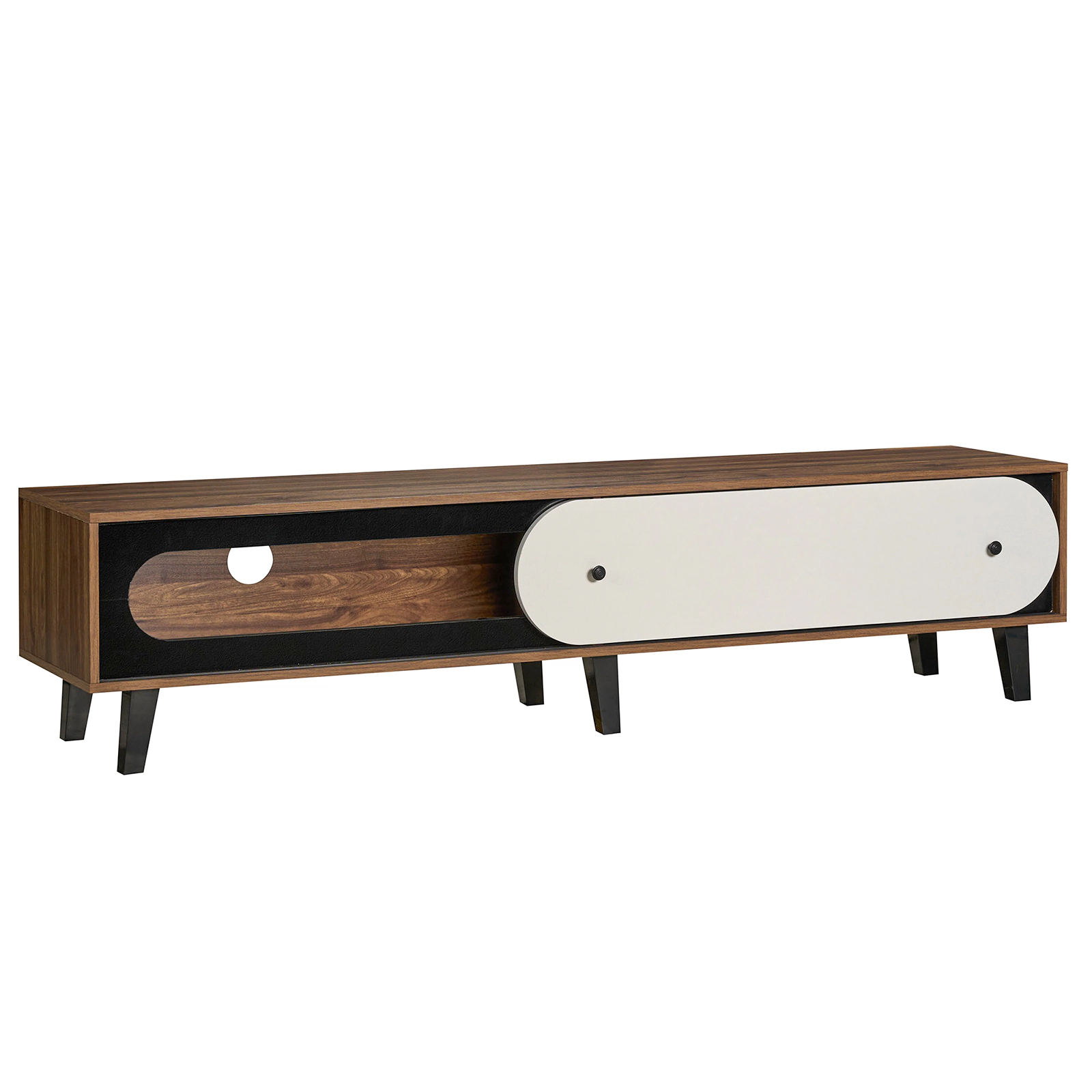 SUGIFT 71 in TV Stand Walnut and White Mid Century Console with Sliding Door Cabinet