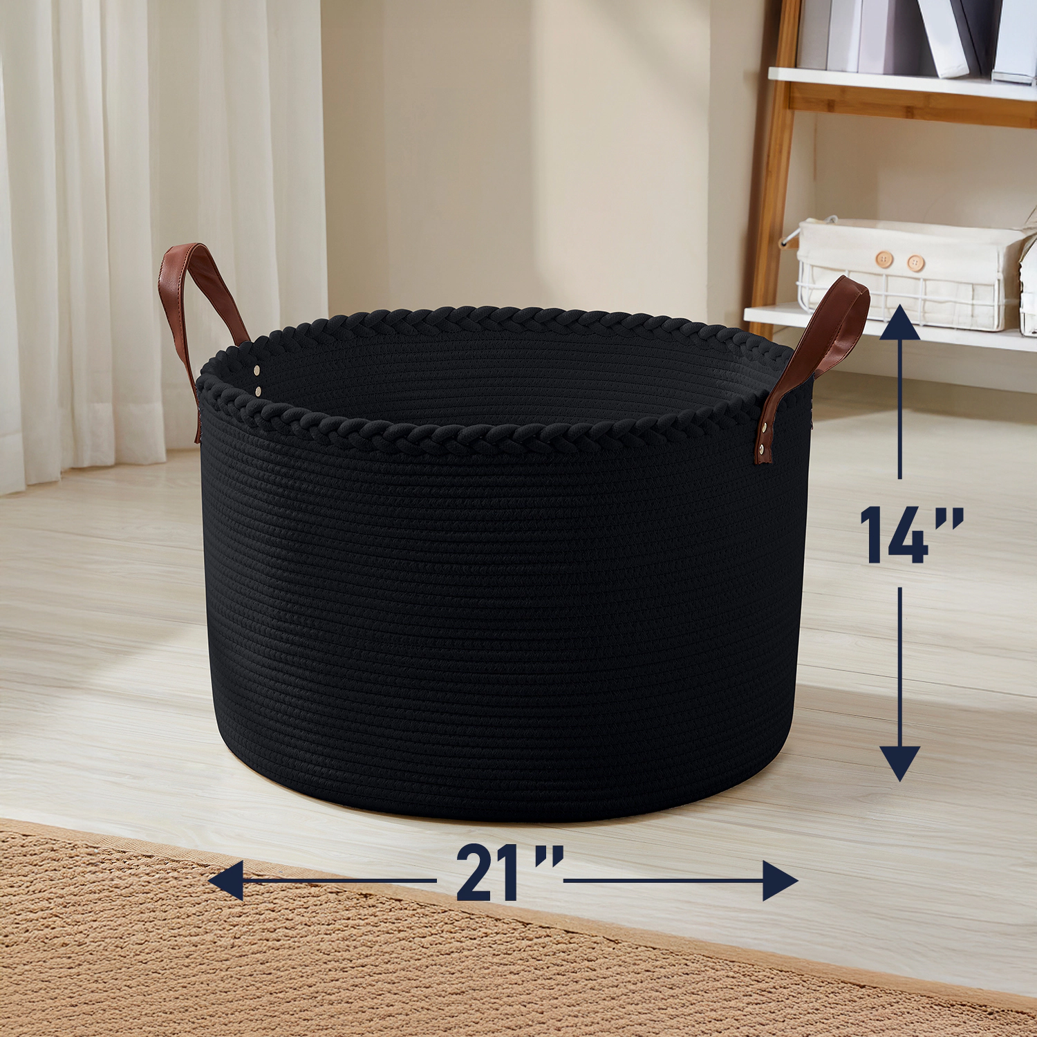 Ornavo Home Extra Large Round Cotton Rope Storage Basket Laundry Hamper with Leather Handles