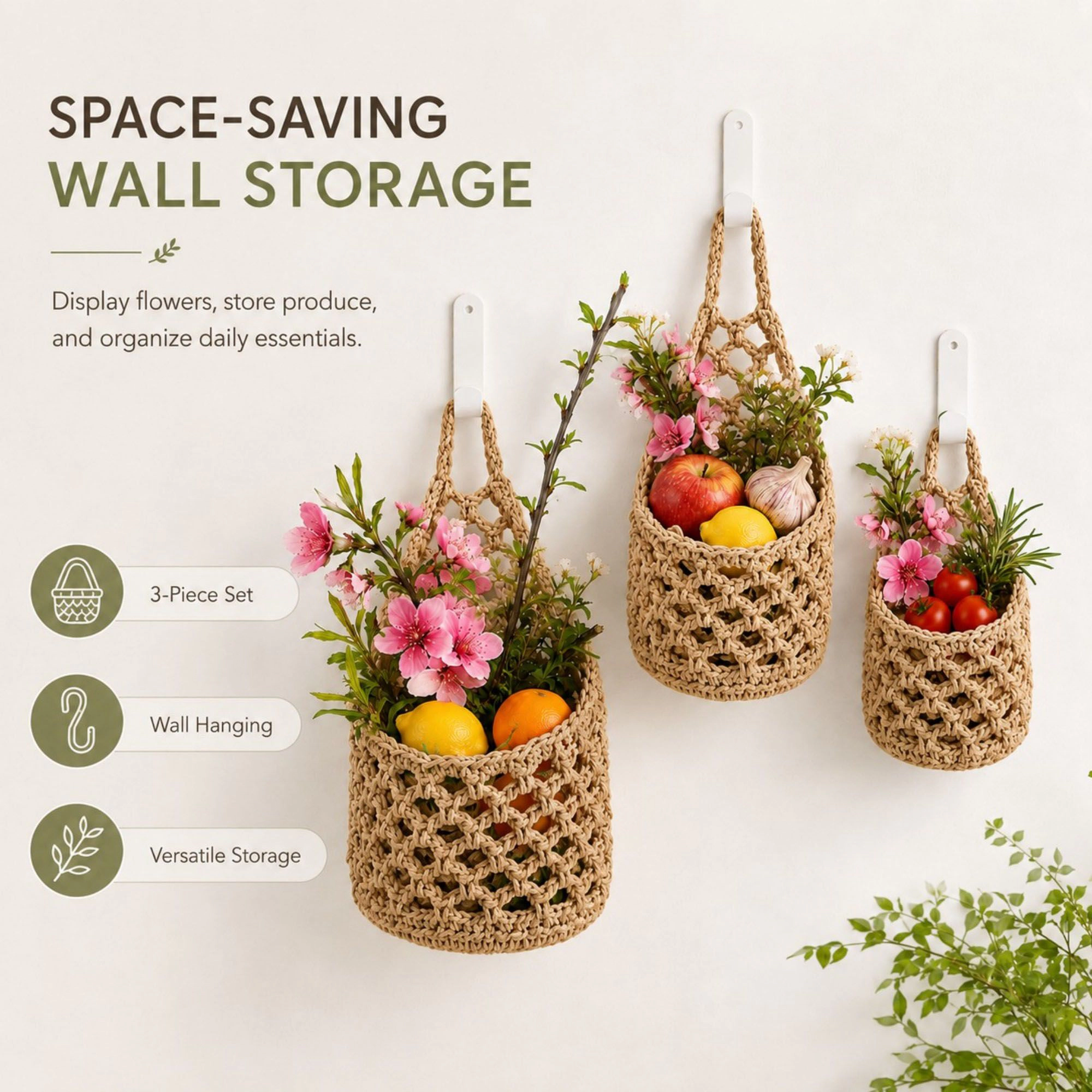 Alilang Unisex Woven Hanging Basket Set for Fruit Produce and Wall Storage