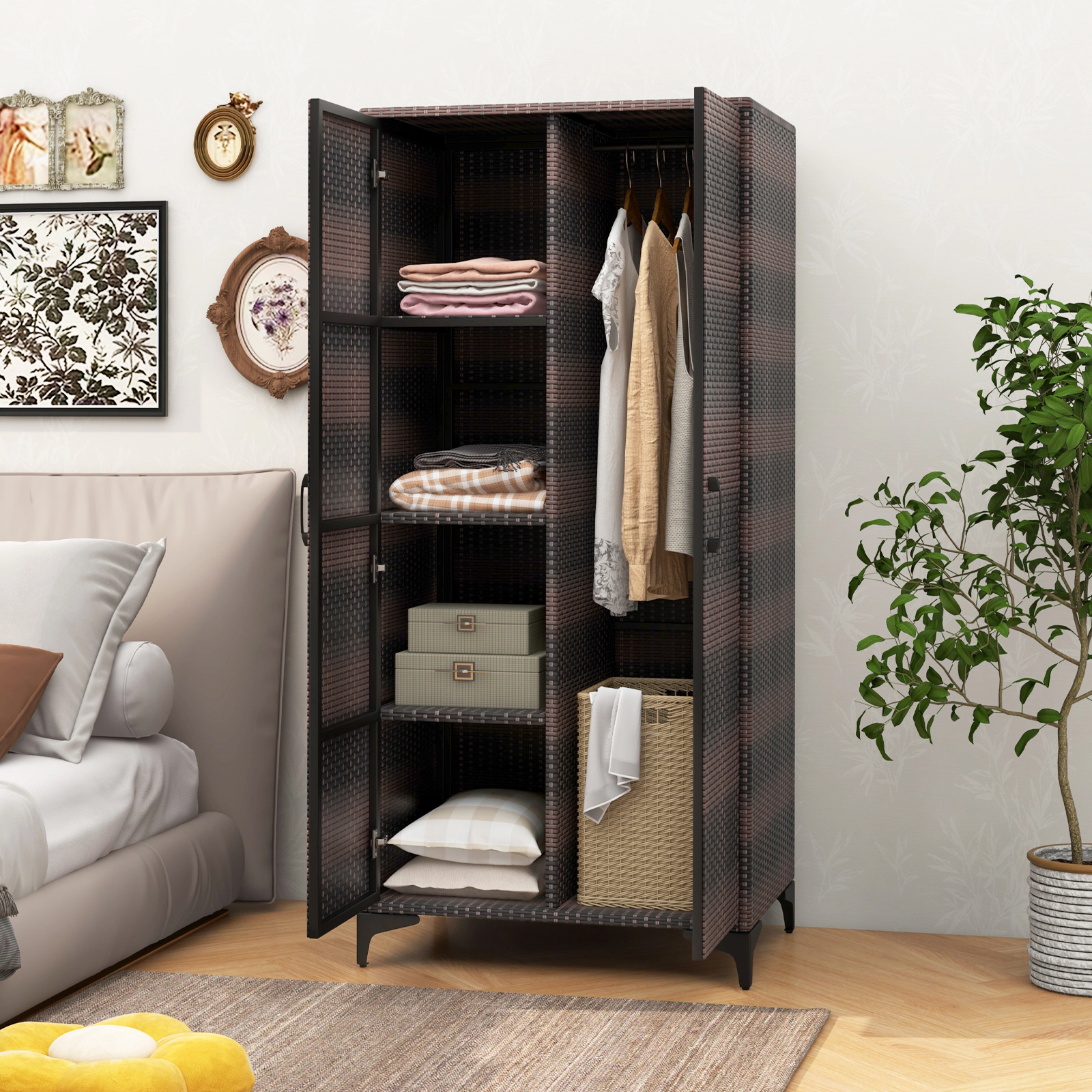 SUGIFT Brown 2 Doors Hanging Rod and 4 Storage Cubes 62-in Wicker Wardrobe
