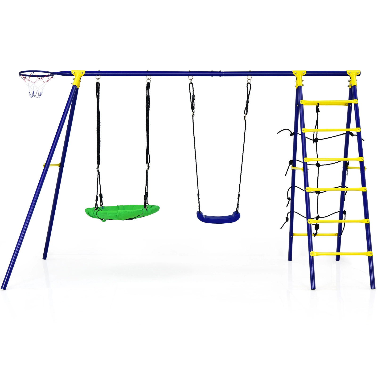 SUGIFT Kids Blue 5-in-1 Metal Swing Set with Basketball Hoop and Climbing Net 116-in W 69.5-in H 166-lb Per Seat