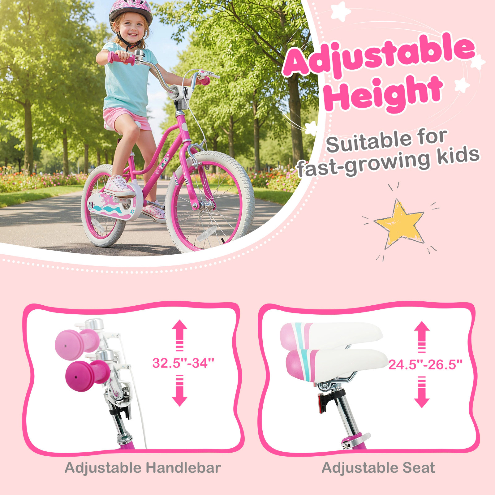 SUGIFT Kids Pink 18-in Bike with Reflectors Kickstand and Training Wheels 24.5-in Saddle H 132-lb Seat Capacity