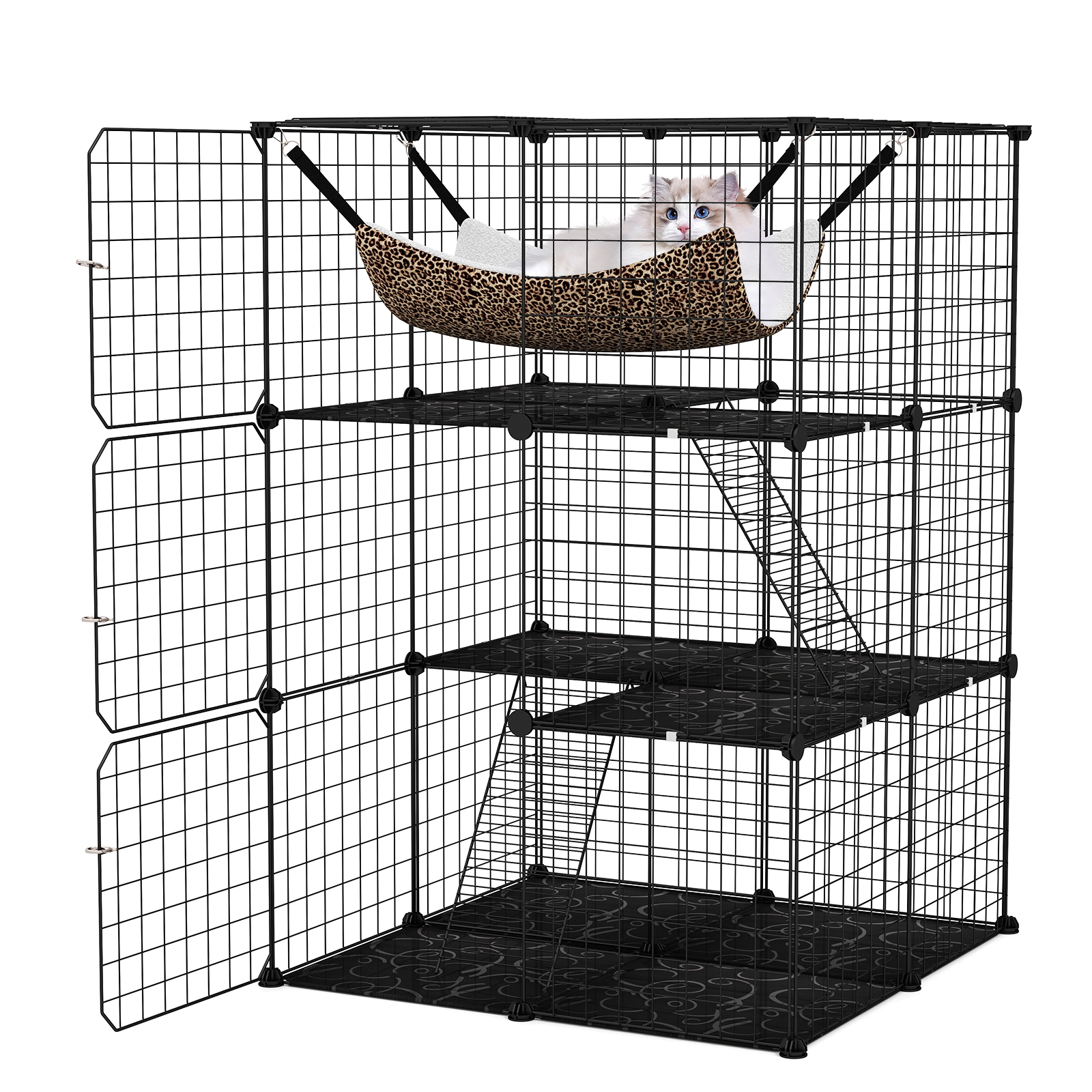 Glintex 3-Tier Indoor Cat Cage with Lockable Skylight Hammock and Modular Panels, Black
