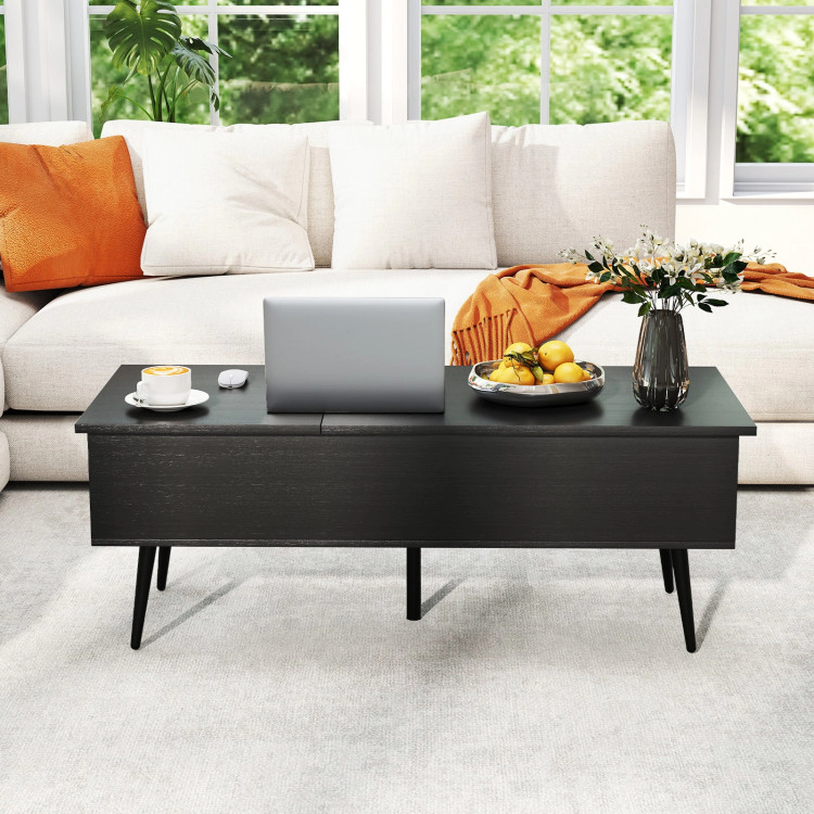 SUGIFT Split Lift Top 2 Hidden Compartments Pneumatic Coffee Table 47-in x 19-in x 16.5-in 132-lb Capacity Black
