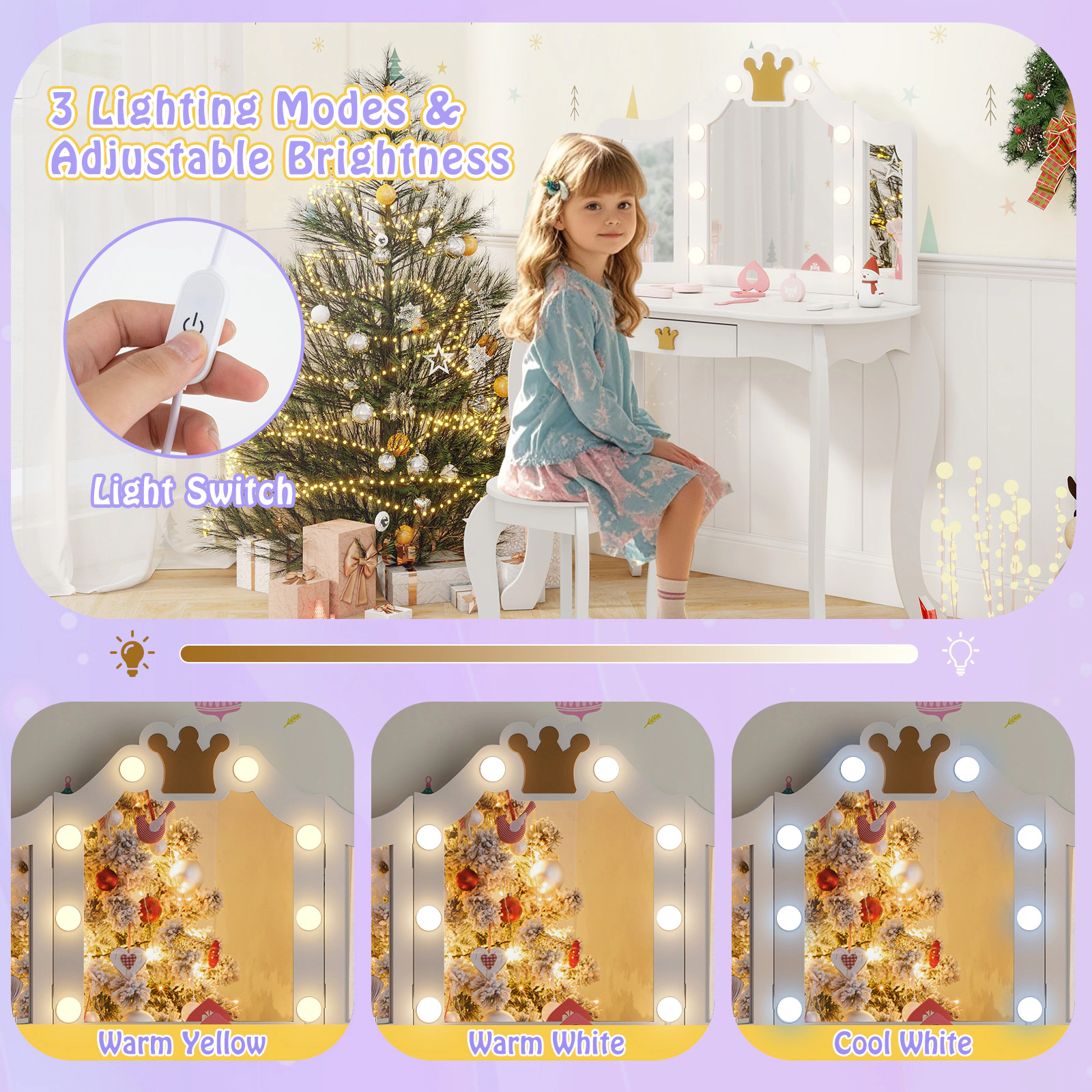 SUGIFT Kids Vanity Table and Stool Set with Lighted Tri-Fold Mirror in White