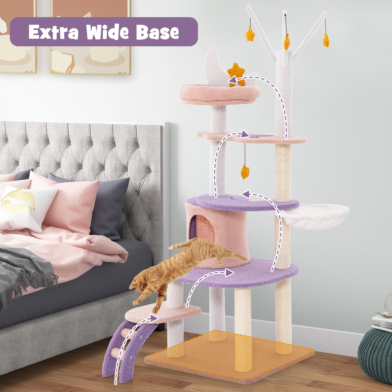 SUGIFT Multi-level Cat Tree Tower Sisal Covered Scratching Posts 33-lb Each Layer & 22-lb Hammock Capacity Purplish Pink