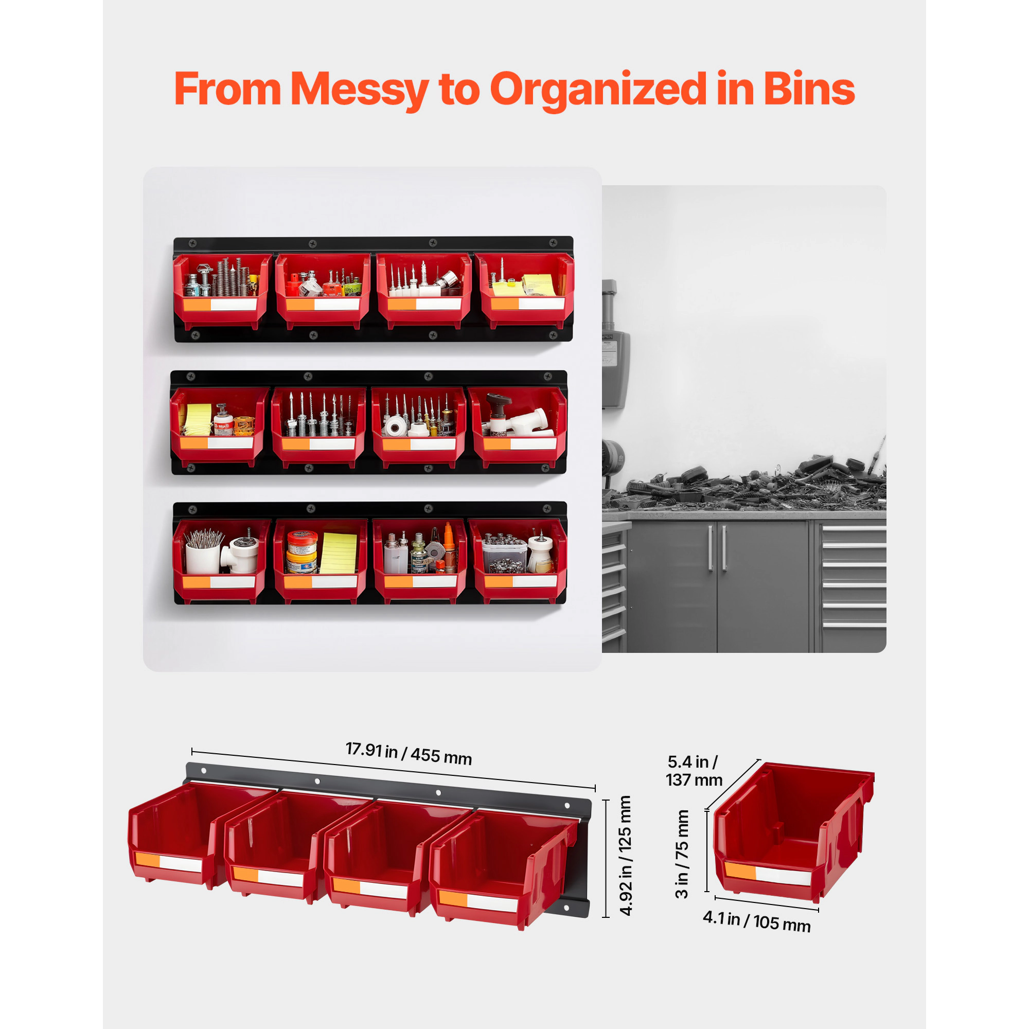 HONGGE Wall Mounted Storage Bins 12 Plastic Bins & 3 Metal Rails Plastic Hanging Stackable Storage Bin for Screws Nuts