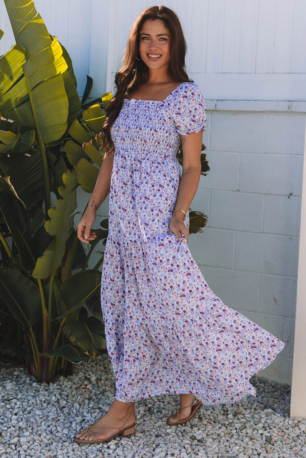 Threaded Pear Women's Lacey Floral Short Bubble Sleeve Maxi Dress