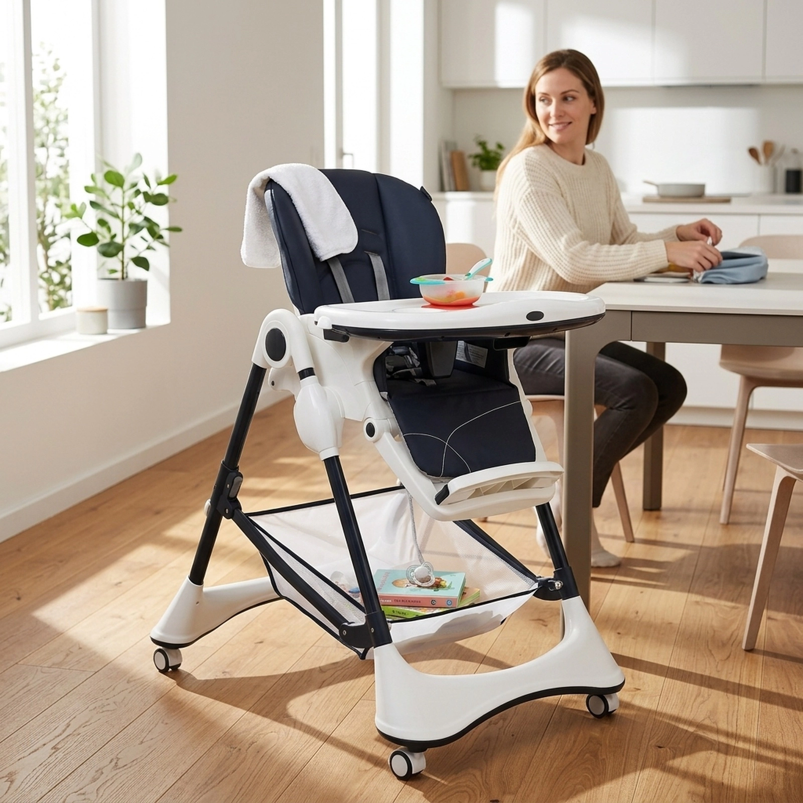 A-Frame Foldable Baby High Chair 4 Lockable 360-Degree Wheels 7 Adjustable Heights 50-lb Capacity 0 to 36 Months Navy