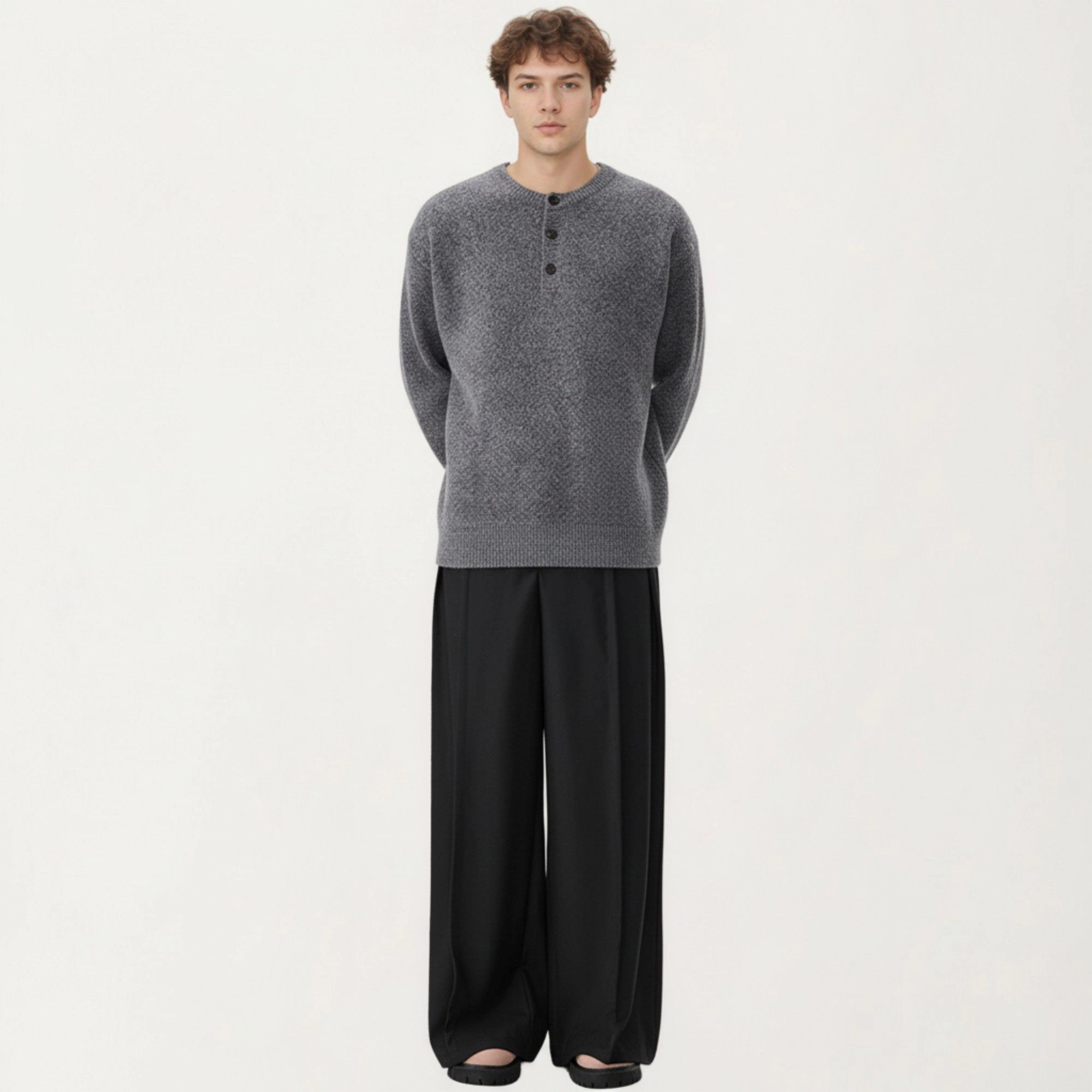 Anna-Kaci Men's Long Sleeve Knit Henley Sweater with Ribbed Trim