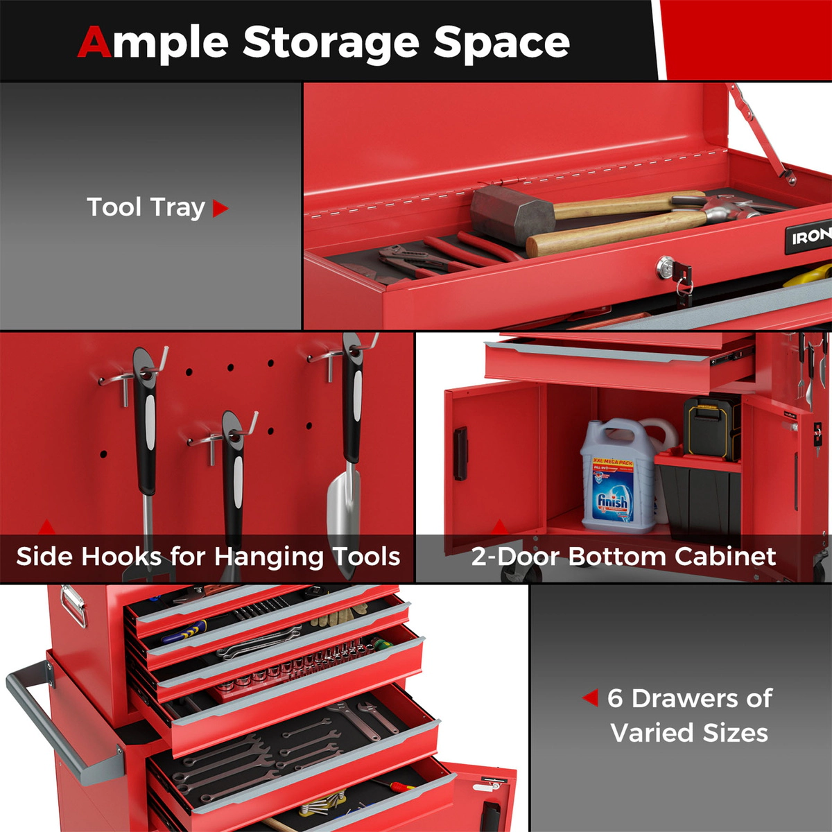 SUGIFT 6-Drawer Rolling Tool Storage Chest Cabinet 200-lb Capacity with Upper Chest and Bottom Cabinet Black/Red