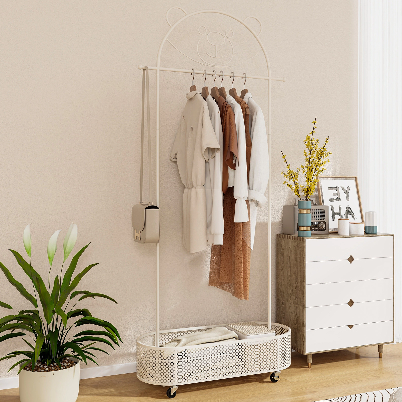 SUGIFT 3-Height Adjustable Metal Kid Clothes Rack with Basket and Wheels 72-in Tall White