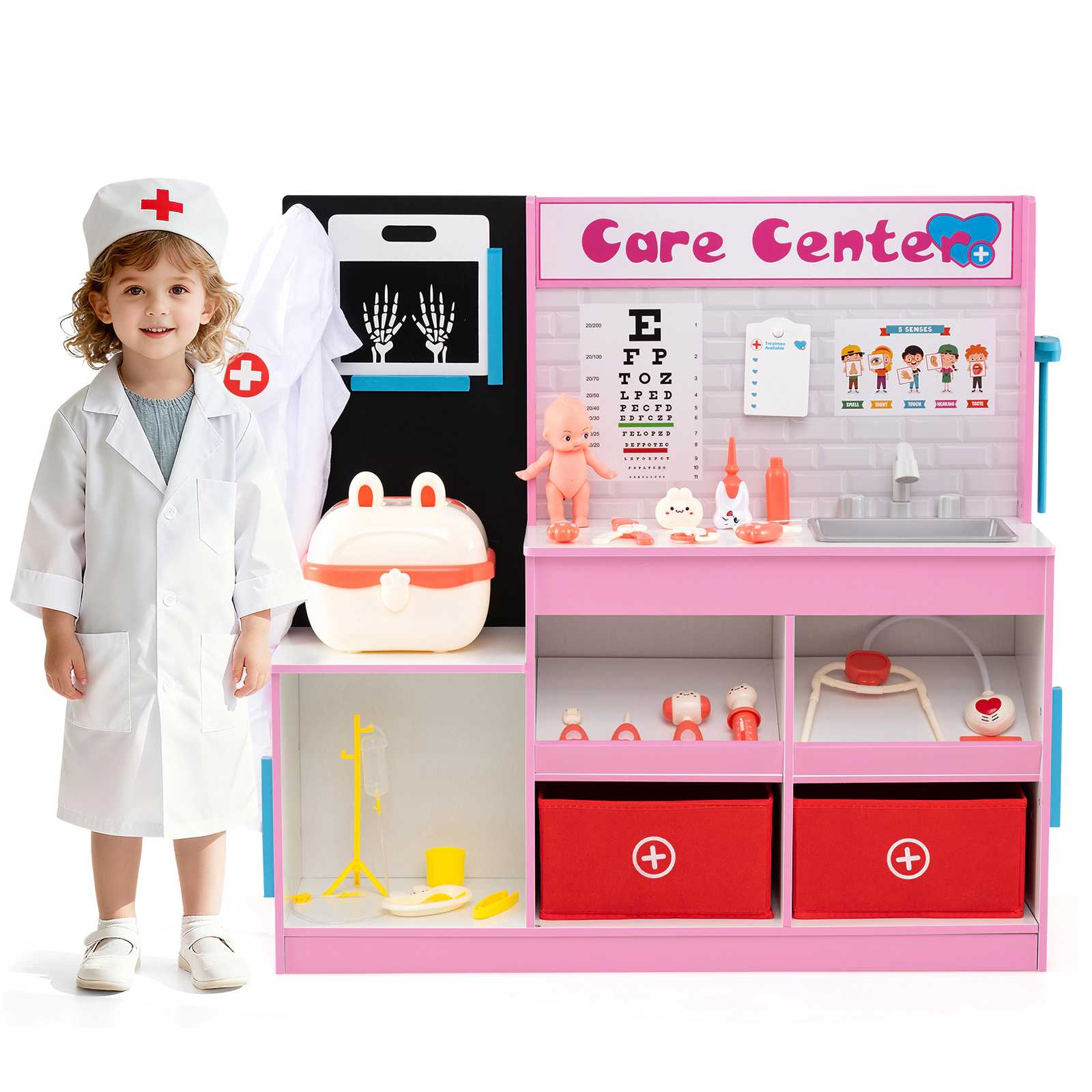 LJG Kids Play Doctor's Office Wood Medical Center Toy Set with Examine Region