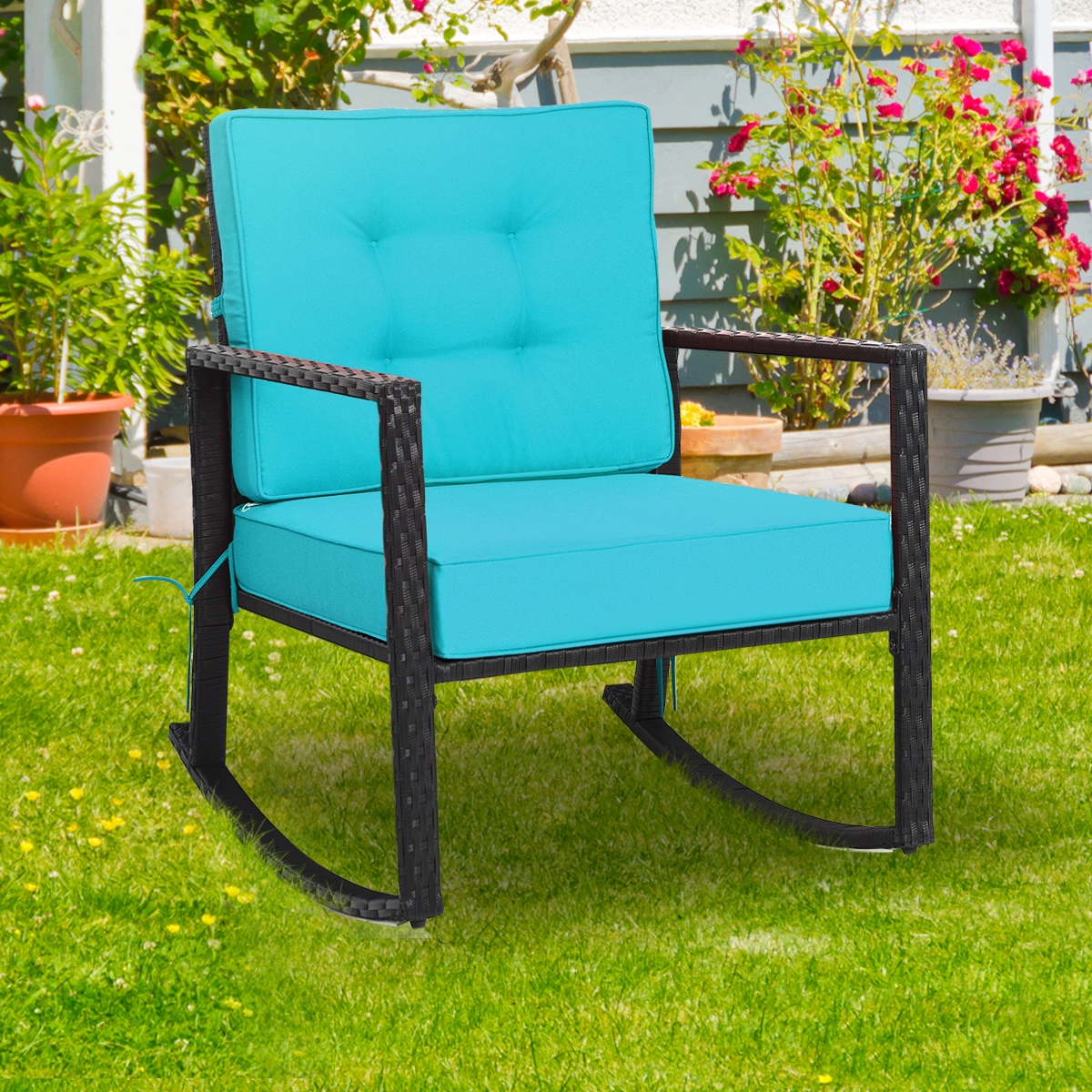 SUGIFT Turquoise Rattan Outdoor Rocking Chair, 360 lb Capacity, Iron Frame, 5 in Seat Cushion