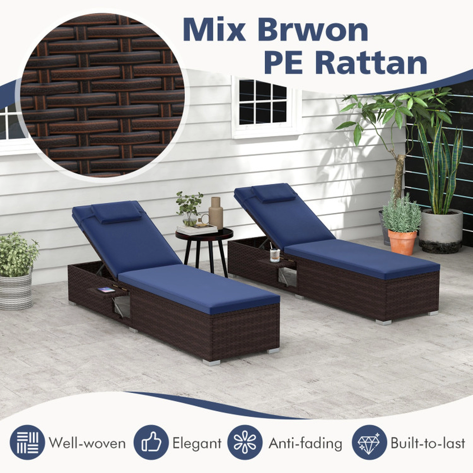 SUGIFT PE Rattan Chaise Lounge with 6-Level Adjustable Backrest 400-lb Capacity 75-in Cushion and Headrest Navy Mix