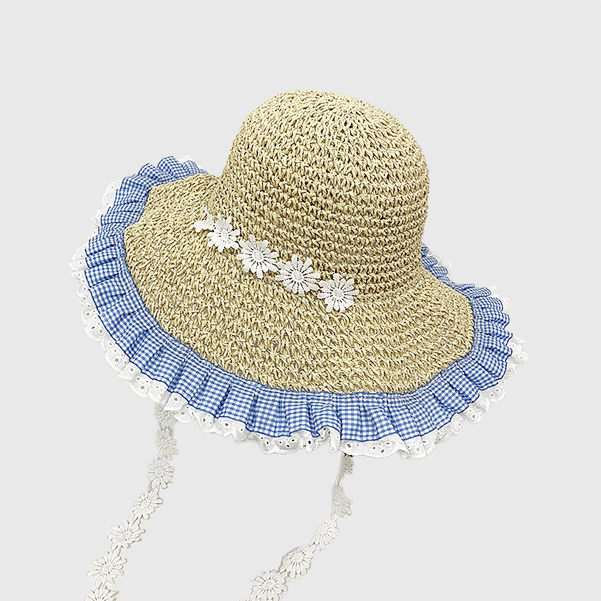 Anna-Kaci Women's Straw Sun Hat with Gingham & Lace Trim